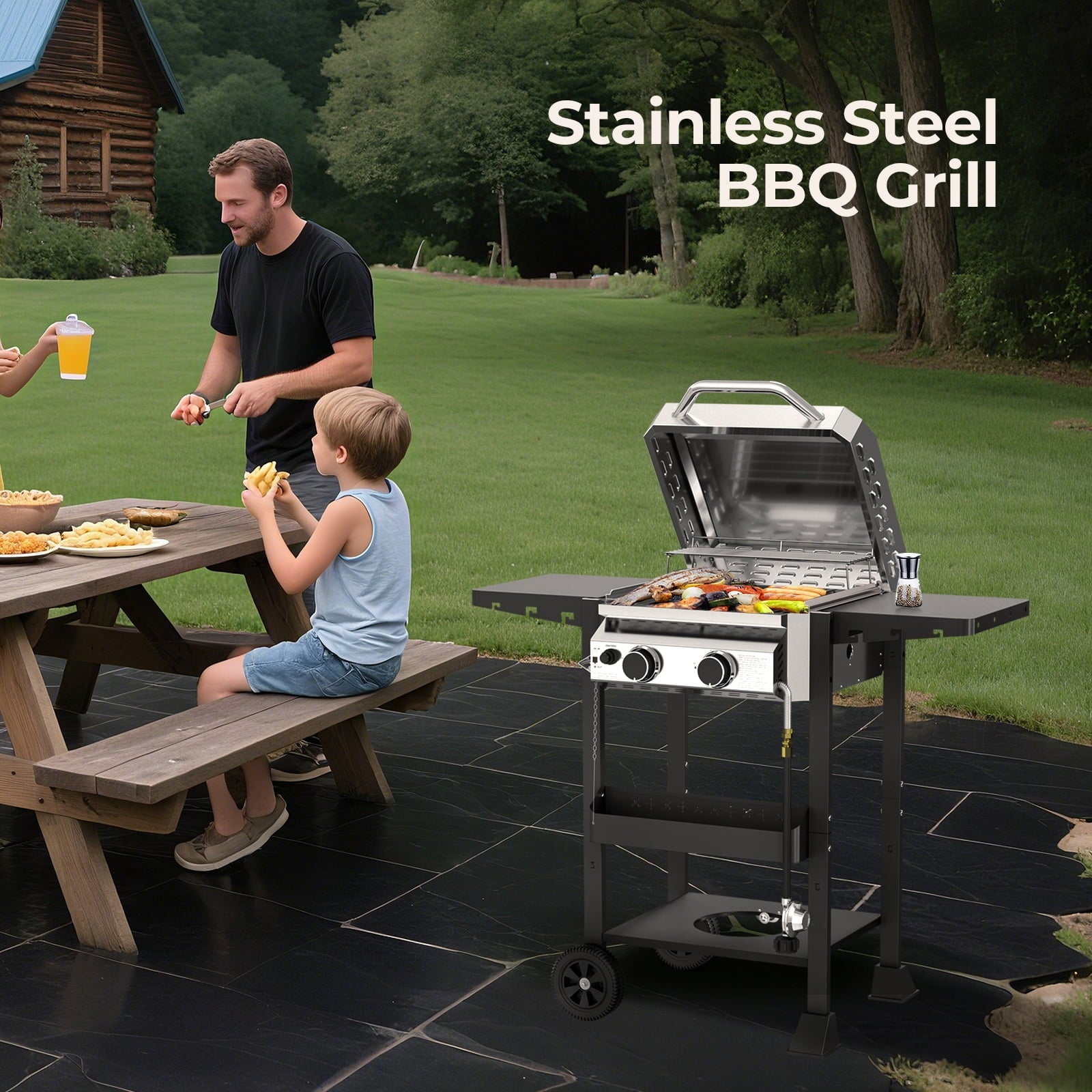 WAA Propane Gas Grill with 2-Burner,Outdoor Gas BBQ Grill with Side Storage Shelves,Top Cover Lid, Oil Tray,Wheels,Barbeque Stove for Barbecue Cooking,Patio,Camping and Party,16000 BTU