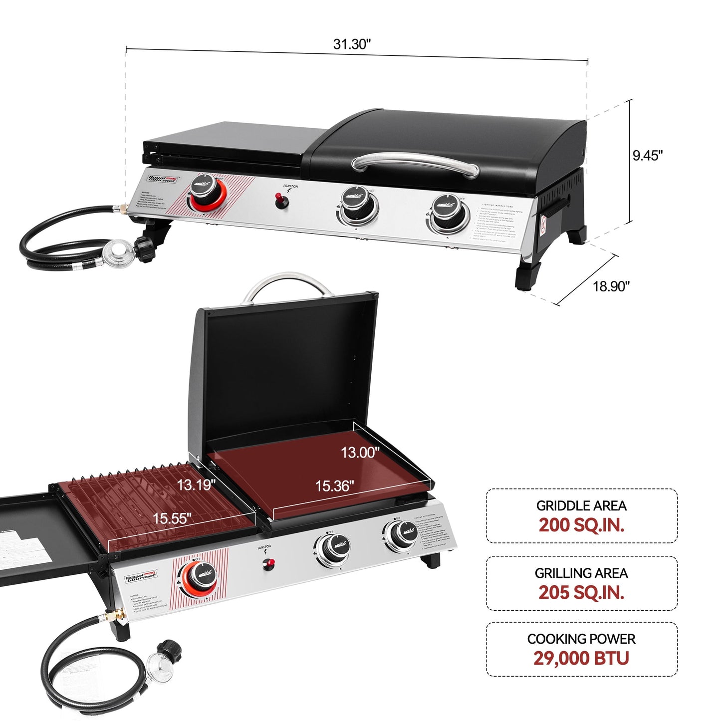Royal Gourmet 3-Burner Portable Gas Griddle with Side Burner, PD1305H