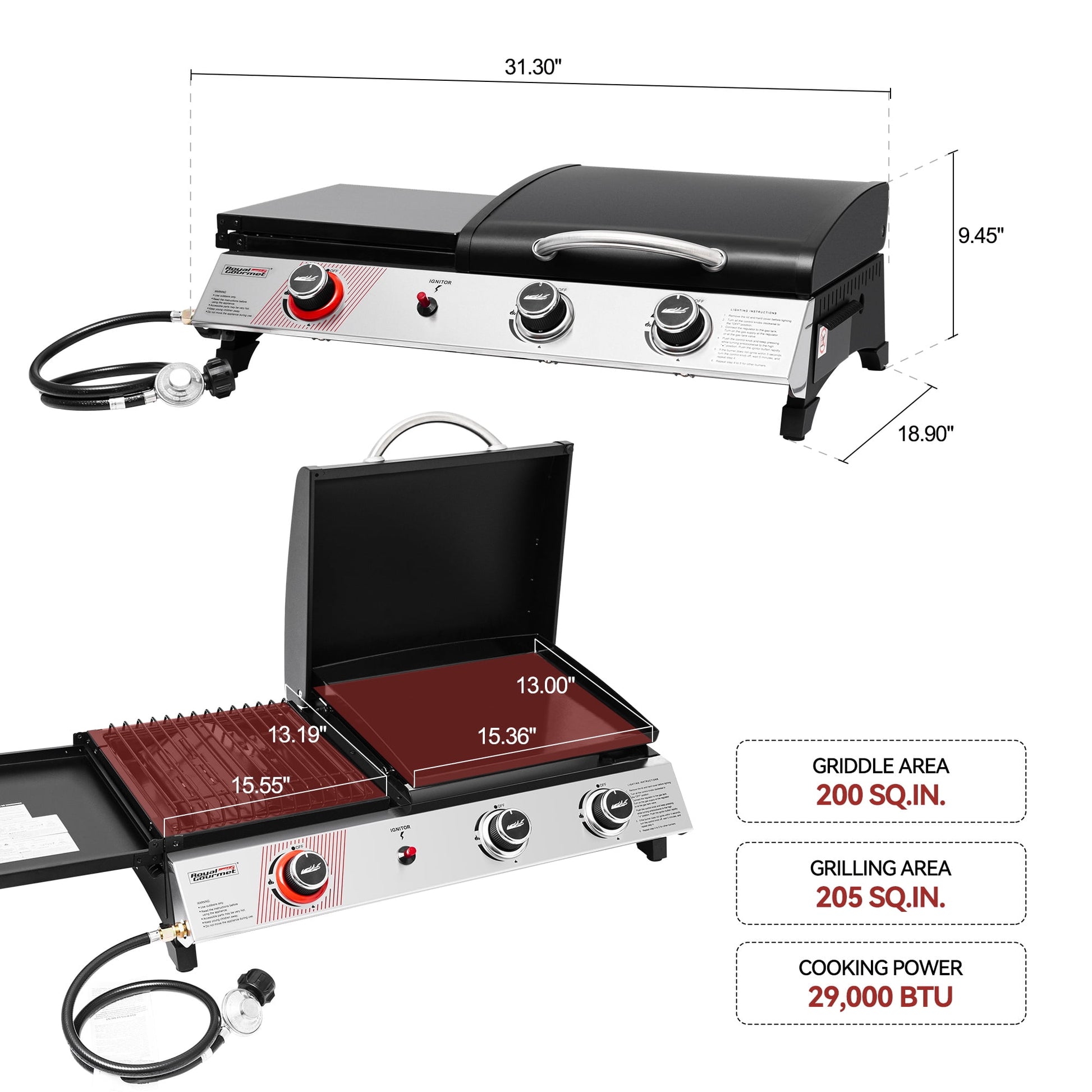 Royal Gourmet 3-Burner Portable Gas Griddle with Side Burner, PD1305H