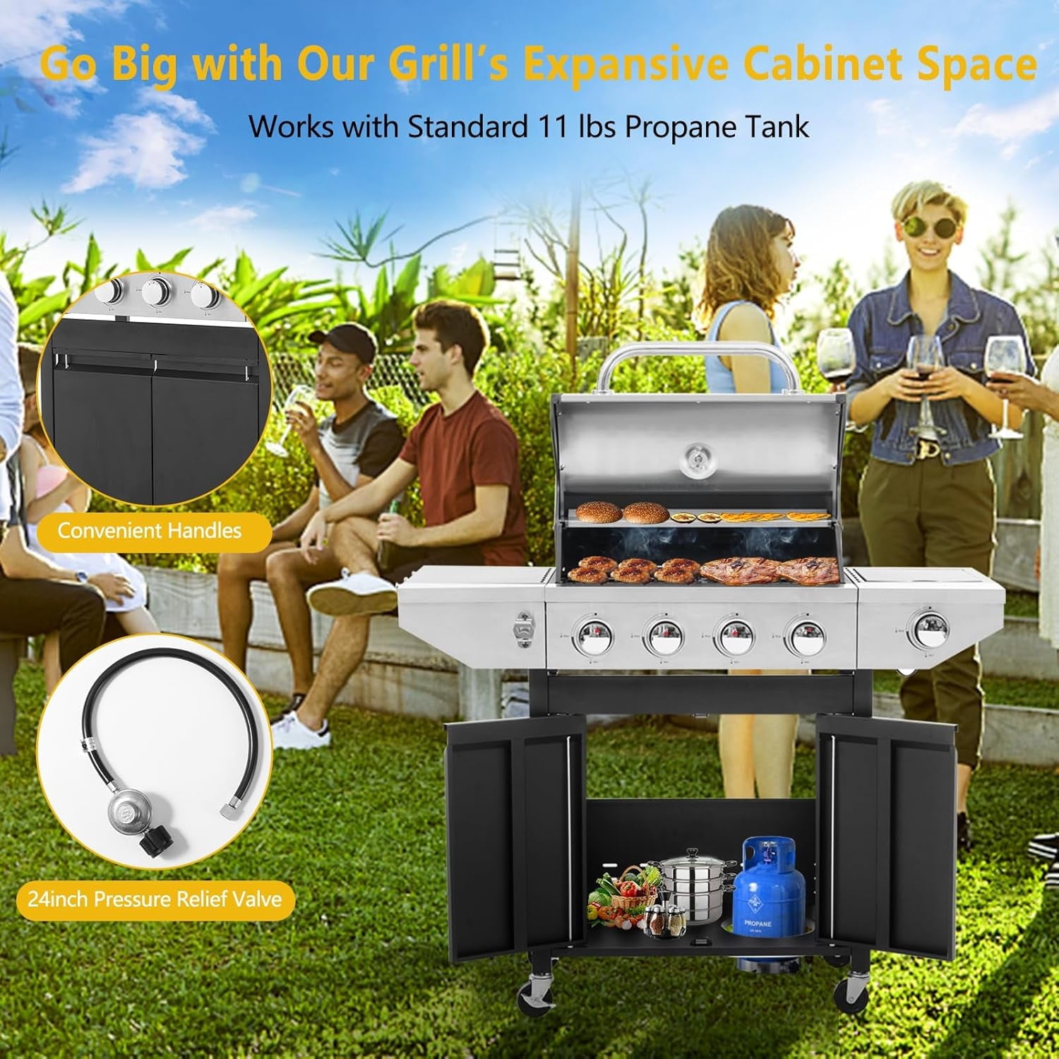HighSound 4-Burner Propane Gas Grill with Side Burner, 46700 BTU Porcelain-Enameled Cast Iron Grates Outdoor Cooking Stainless Steel BBQ Grills Cabinet, Black