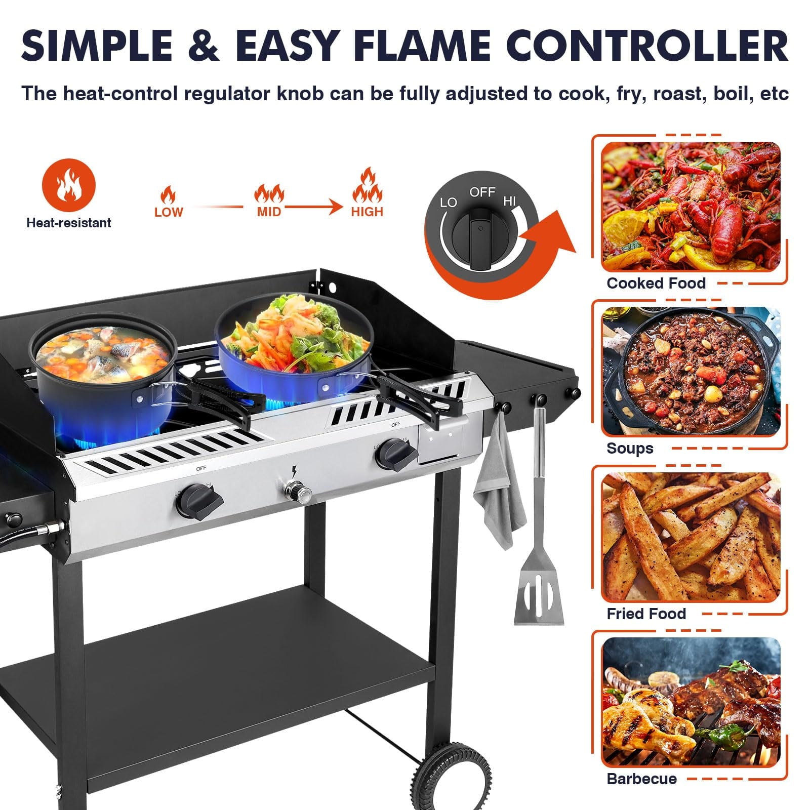 Frizi  150,000 BTU 2-Burner Outdoor Gas Stove with Side Shelves, Auto-Ignition & Regulator, Heavy-Duty Propane Outdoor Cooking Stove for Camping, BBQ, and Patio Use