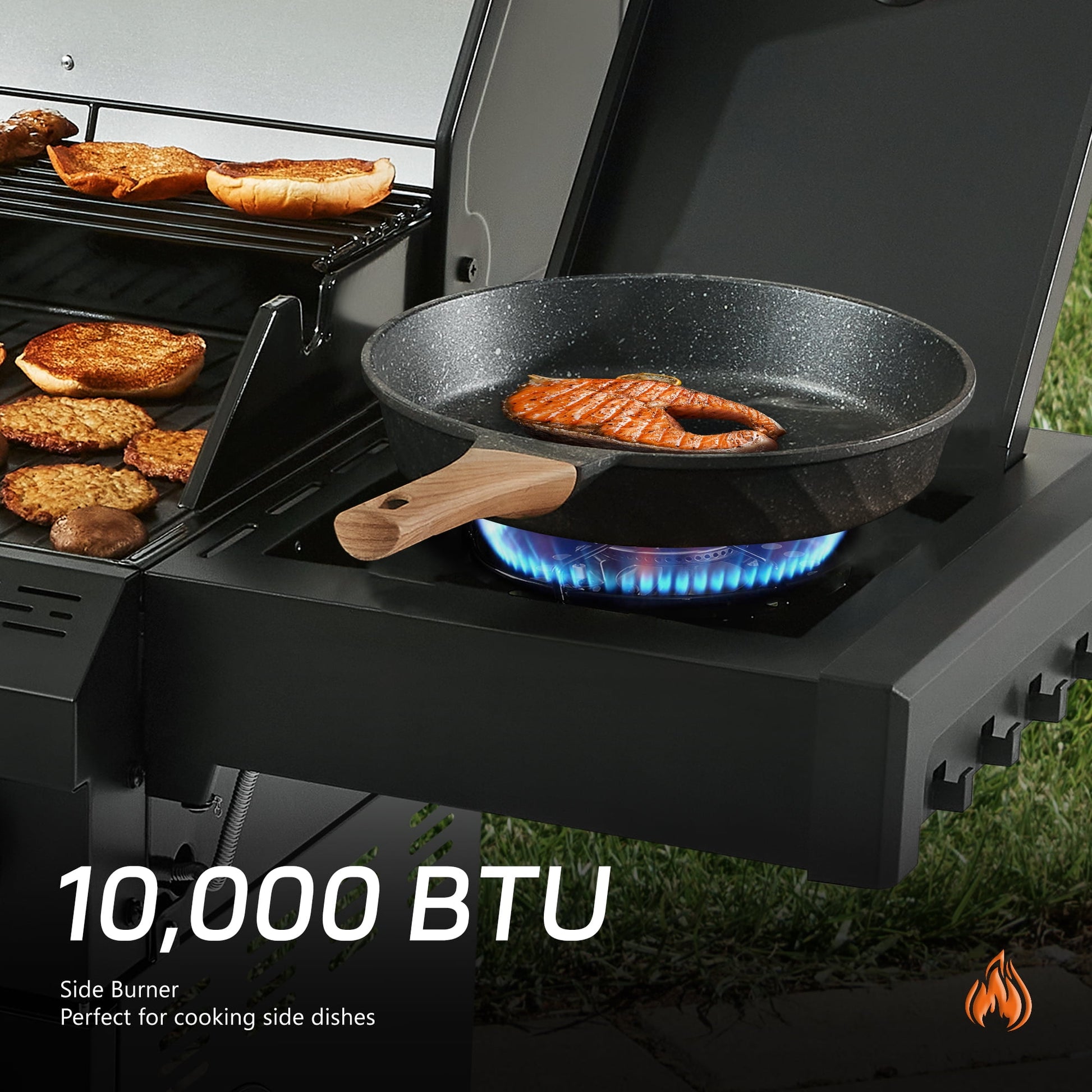 MBY 4-Burner Propane Gas Grill with Side Burner, 50,000 BTU Outdoor BBQ Grill with Cast Iron Grates and Griddle, Heavy Duty for Backyard Cooking