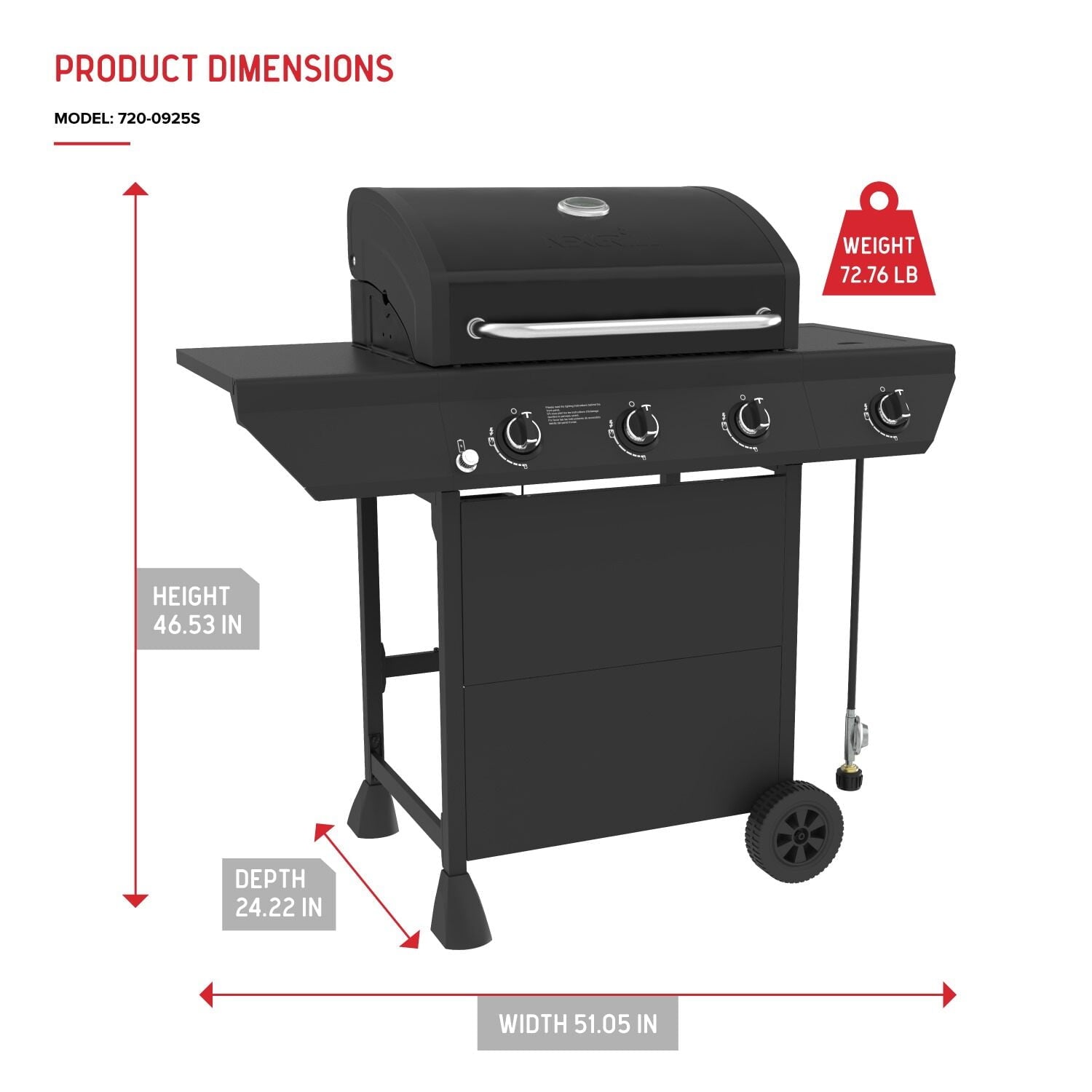 Nexgrill 3-Burner Propane Gas Grill with Side Burner, 52,000BTUs, 418 SQ. In. Cooking Space, BBQ Grill with Durable Steel Lid & Control Panel for Outdoor Cooking, Patios, and More - 720-0925S