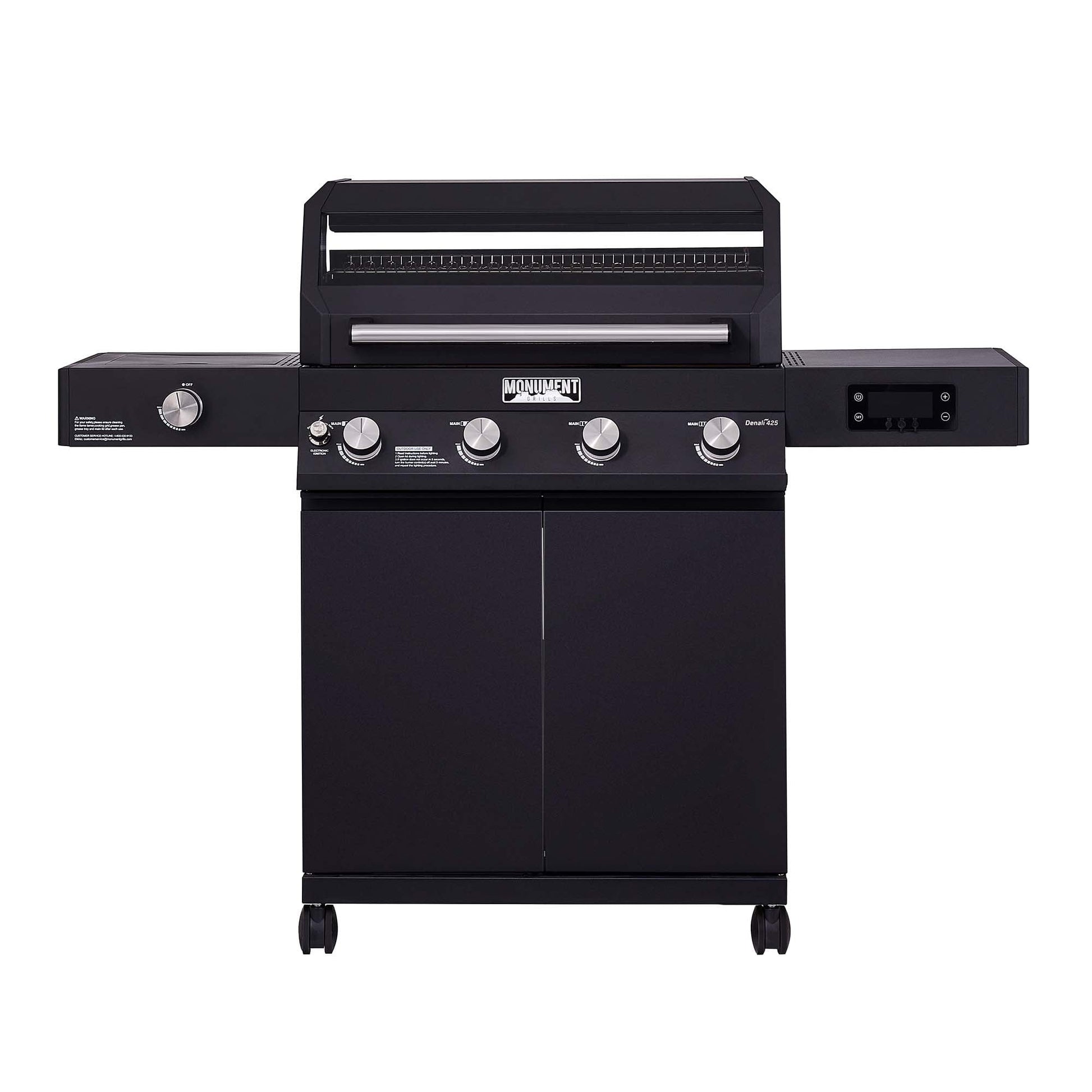 Denali 4-Burner Propane Gas Grill in Black with Clearview Lid, 3-Phase LED Controls and Side Burner