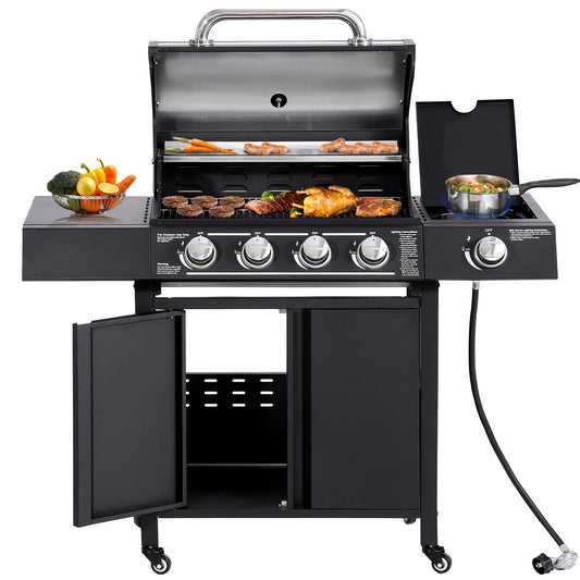 Haverchair 4-Burner Gas Grill Propane with Side Burner 50,000 BTU Outdoor BBQ Propane Gas Grill Cart Barbecue Grill for Patio Garden Picnic Backyard Cooking Camping,Black