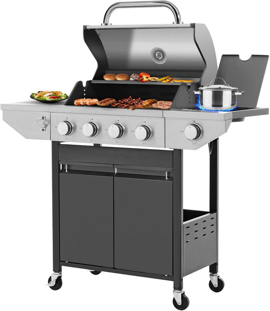 HighSound 4-Burner Propane Gas Grill with Side Burner, 46700 BTU Porcelain-Enameled Cast Iron Grates Outdoor Cooking Stainless Steel BBQ Grills Cabinet, Black