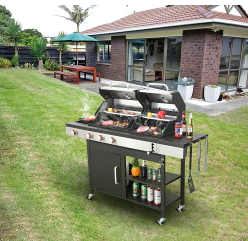 Holaki 3-Burner Propane Gas BBQ Grill with Side Burner - 37,230 BTU Output, Enameled Cast Iron Cooking Grids, Stainless Steel, Perfect for Outdoor Barbecue