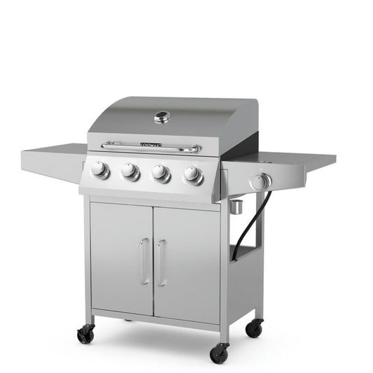 Kepooman Outdoor Grill, Outdoor BBQ Grill,50000BTU 5-Burner Propane Gas Grill with Side Burner and 2 Prep Tables-Silver