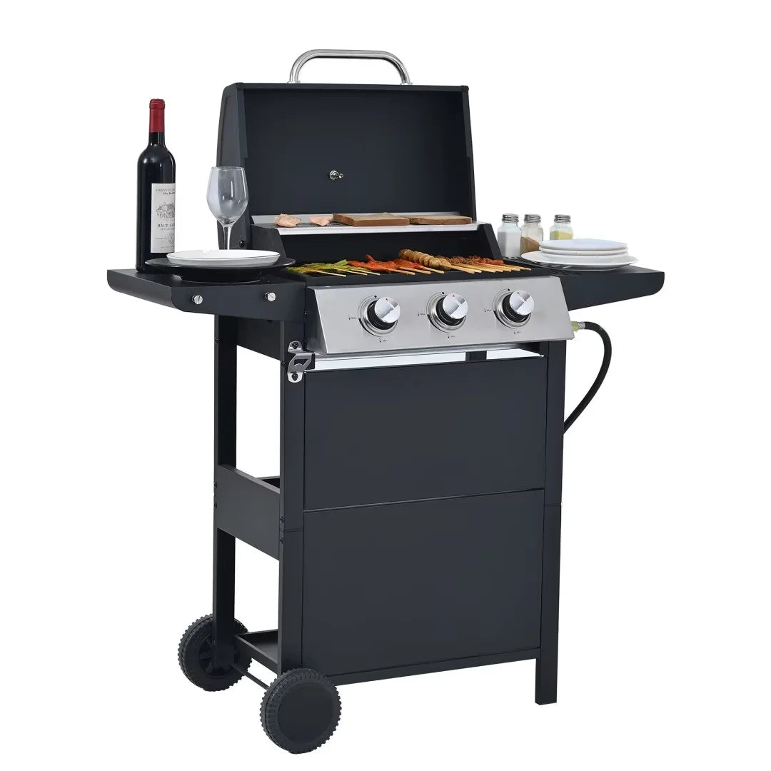 Leuco 3 Burner BBQ Propane Gas Grill, Stainless Steel 25,650 BTU Patio Garden Barbecue Grill with Two Shelves, Lid, Wheels and Bottle Opener