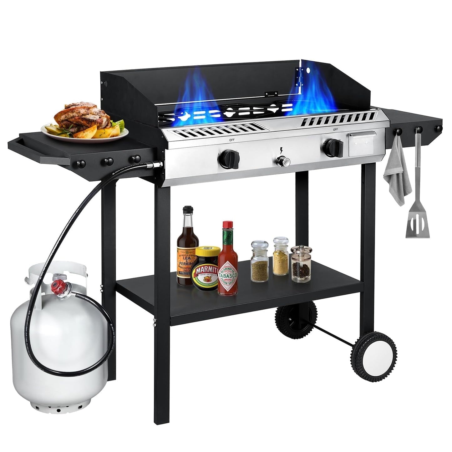 Frizi  150,000 BTU 2-Burner Outdoor Gas Stove with Side Shelves, Auto-Ignition & Regulator, Heavy-Duty Propane Outdoor Cooking Stove for Camping, BBQ, and Patio Use