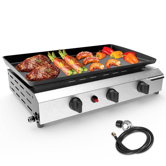 Frizi  30,000 BTU 3-Burner Flat Top Portable Propane Gas Grill with Auto Ignition, Stainless Steel Tabletop Griddle for Camping, BBQ, and Outdoor Cooking