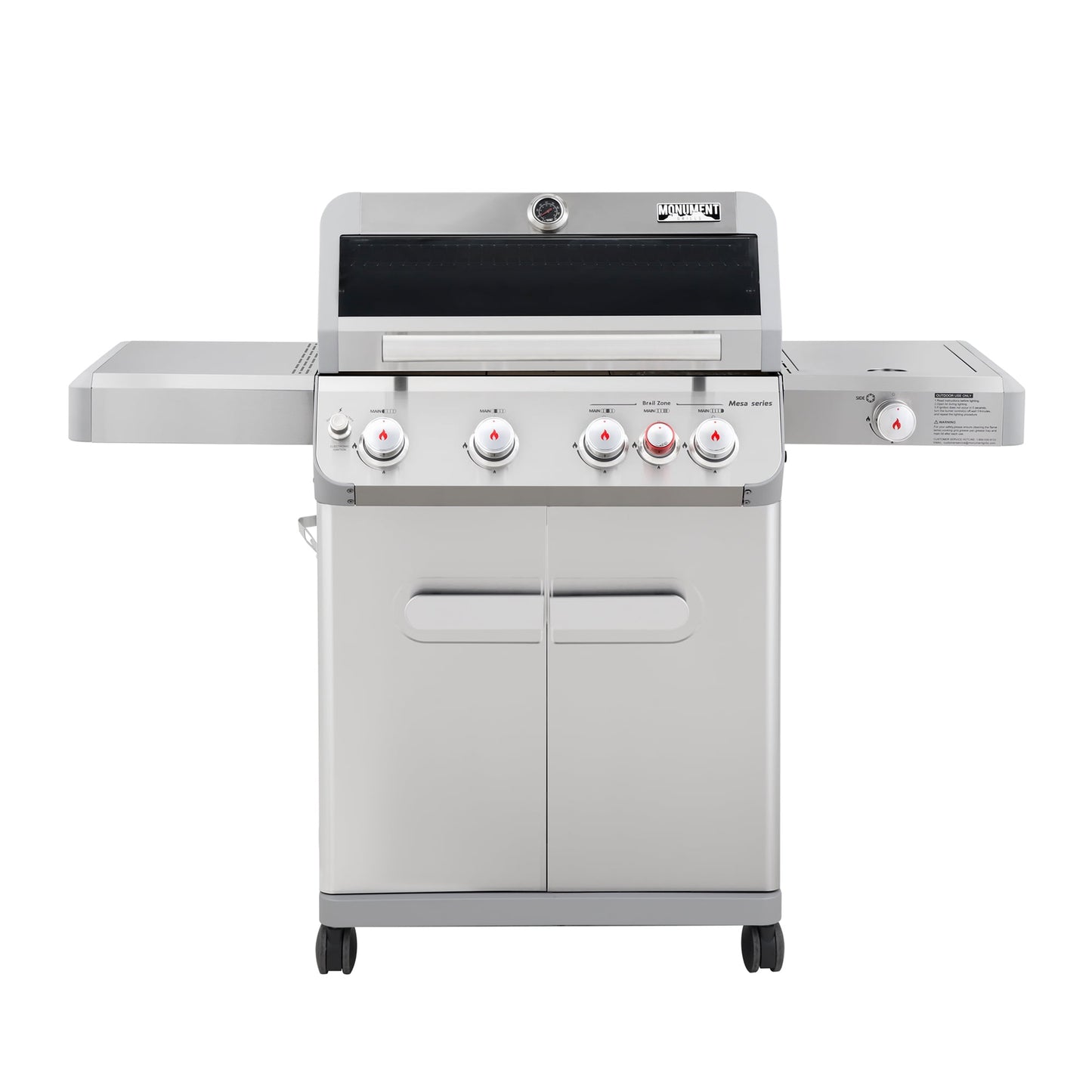 Mesa 4-Burner Propane Gas Grill in Stainless Steel with Broil Zone, Clear View Lid, Side Burner and LED Controls
