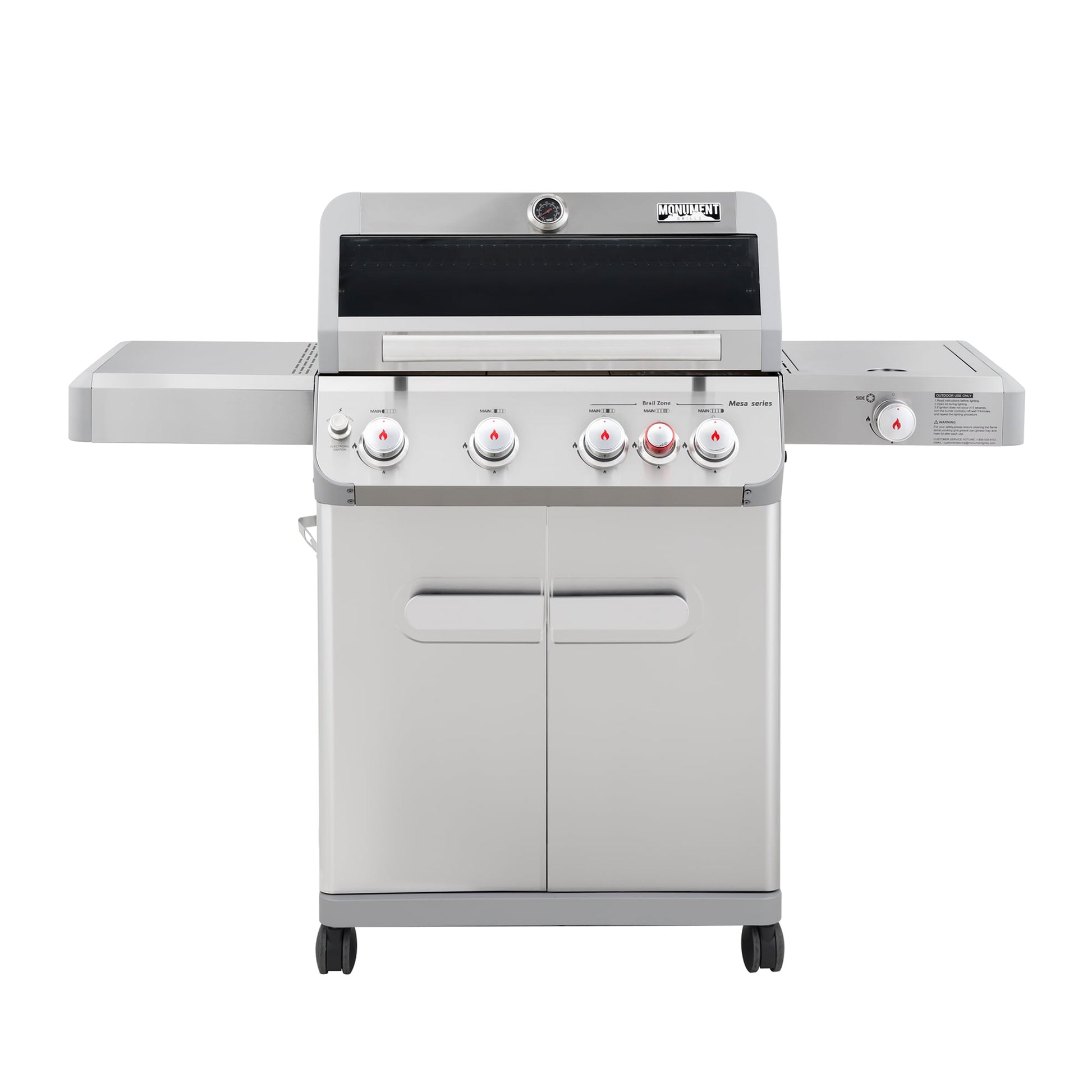 Mesa 4-Burner Propane Gas Grill in Stainless Steel with Broil Zone, Clear View Lid, Side Burner and LED Controls
