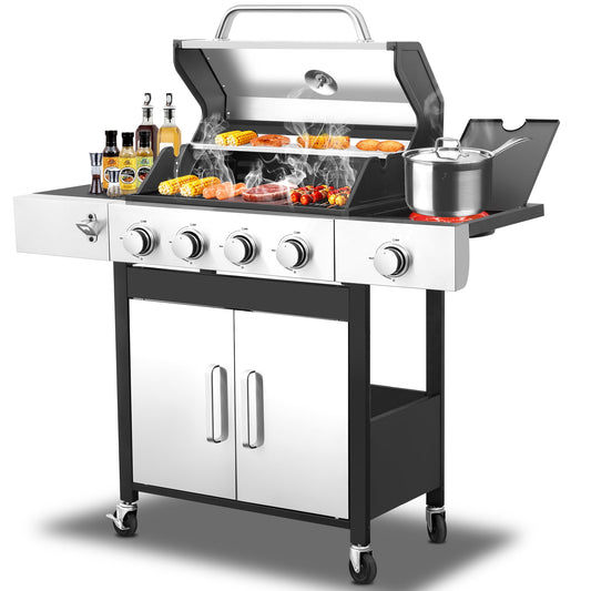 SHINPT Propane Gas Grill,  46790 BTU Heavy Duty Grill with Side Burner and Built-in Thermometer, Stainless Steel BBQ Grill with 440 Warming Area