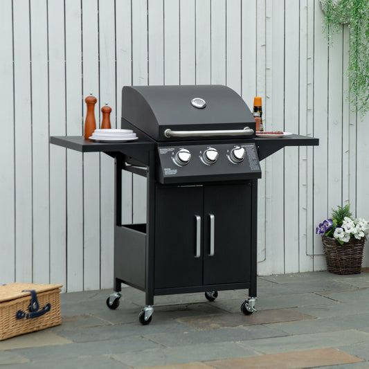Outsunny 3 Burner Portable Gas Grill w/ Wheels, Outdoor Steel Propane Barbecue w/ Warming Rack, Shelves, Storage Cabinet, Thermometer, Black