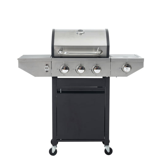 Propane Grill 3 Burner Stainless Steel BBQ Gas Grill with Side Burner, Thermometer, and Even Heating Cast Iron Grates for Outdoor BBQ and Camping