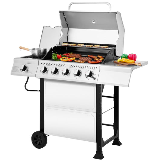 Royal Gourmet GA5401T 5-Burner BBQ Liquid Gas Grill with Sear Burner and Side Burner,  Stainless Steel 60,000 BTU Barbecue Grill,Silver