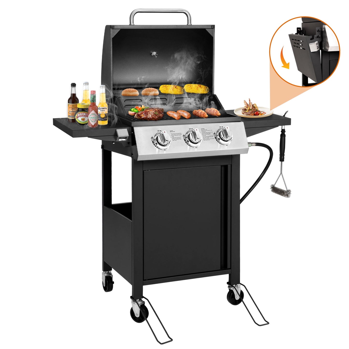 SEGMART 4 Burner BBQ Propane Gas Grill, Stainless Steel 40,000 BTU Patio Garden Barbecue Grill with Folding Side Tables, Cleaning Brush & Thermometer, Perfect for Camping, Outdoor Cooking