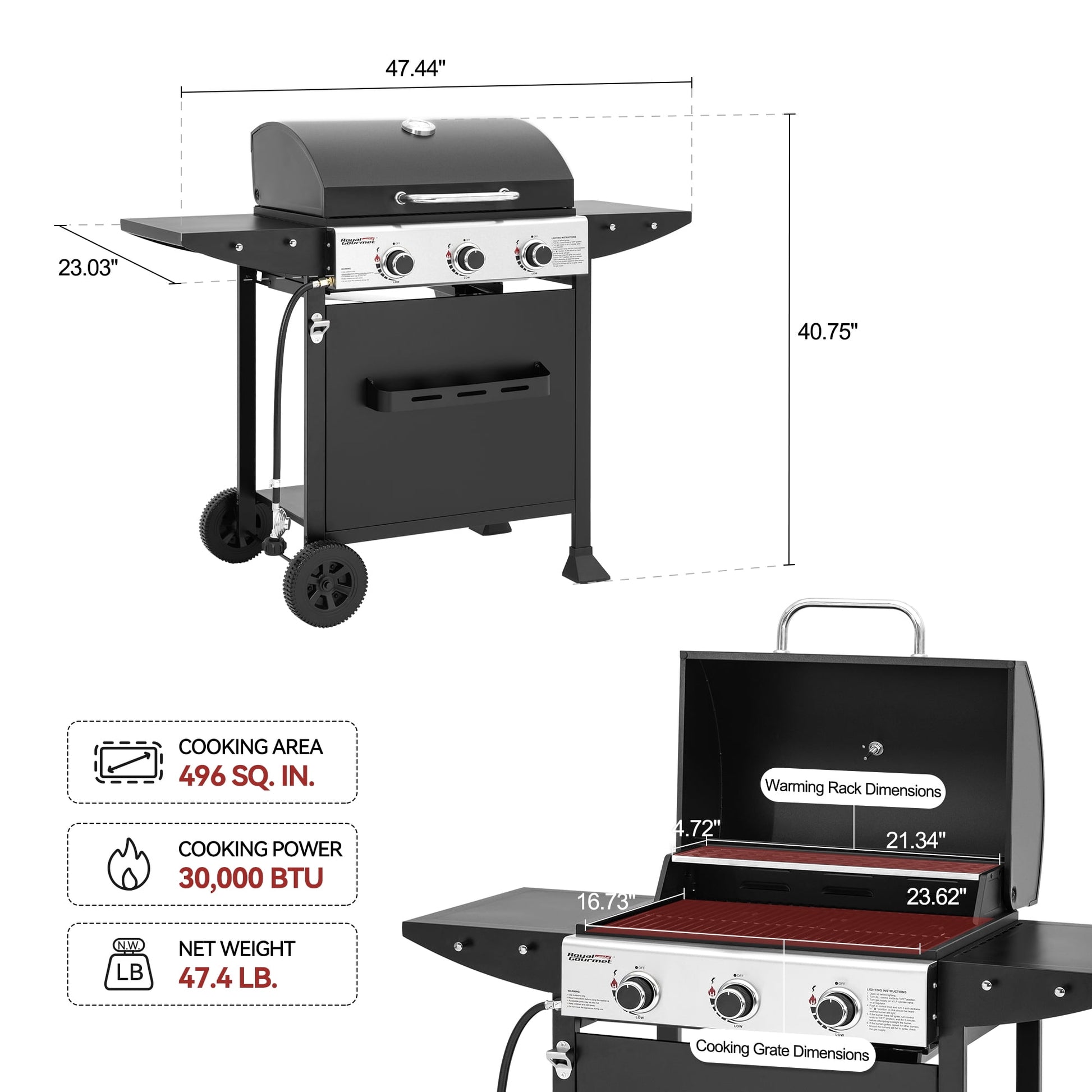 Royal Gourmet 3-Burner BBQ Gas Grill with Front Spice Rack, Two Side Shelves and Hooks, 30,000 BTU, GH3001H