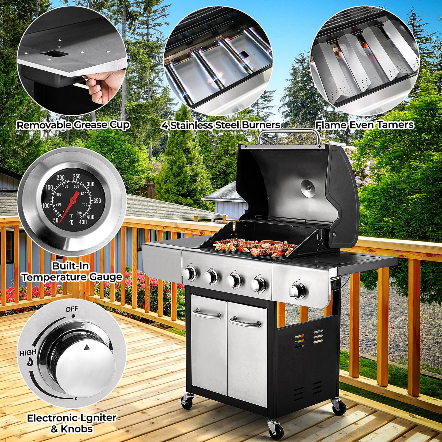 Arlopu 4-Burner Propane Gas Grill with Side Burner Stainless Steel Patio Garden Barbecue Grill for Camping, Outdoor Cooking, BBQ