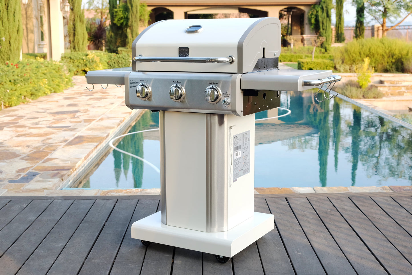 Kenmore 3-Burner Gas Grill, Outdoor BBQ Grill, Propane Grill with Foldable Side Tables, Pearl White