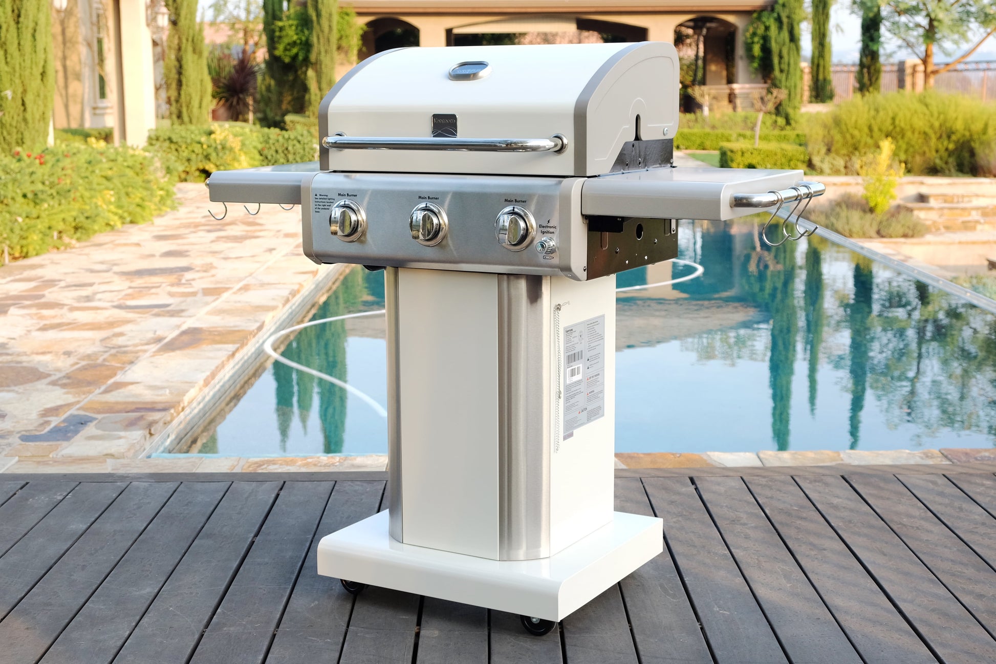 Kenmore 3-Burner Gas Grill, Outdoor BBQ Grill, Propane Grill with Foldable Side Tables, Pearl White