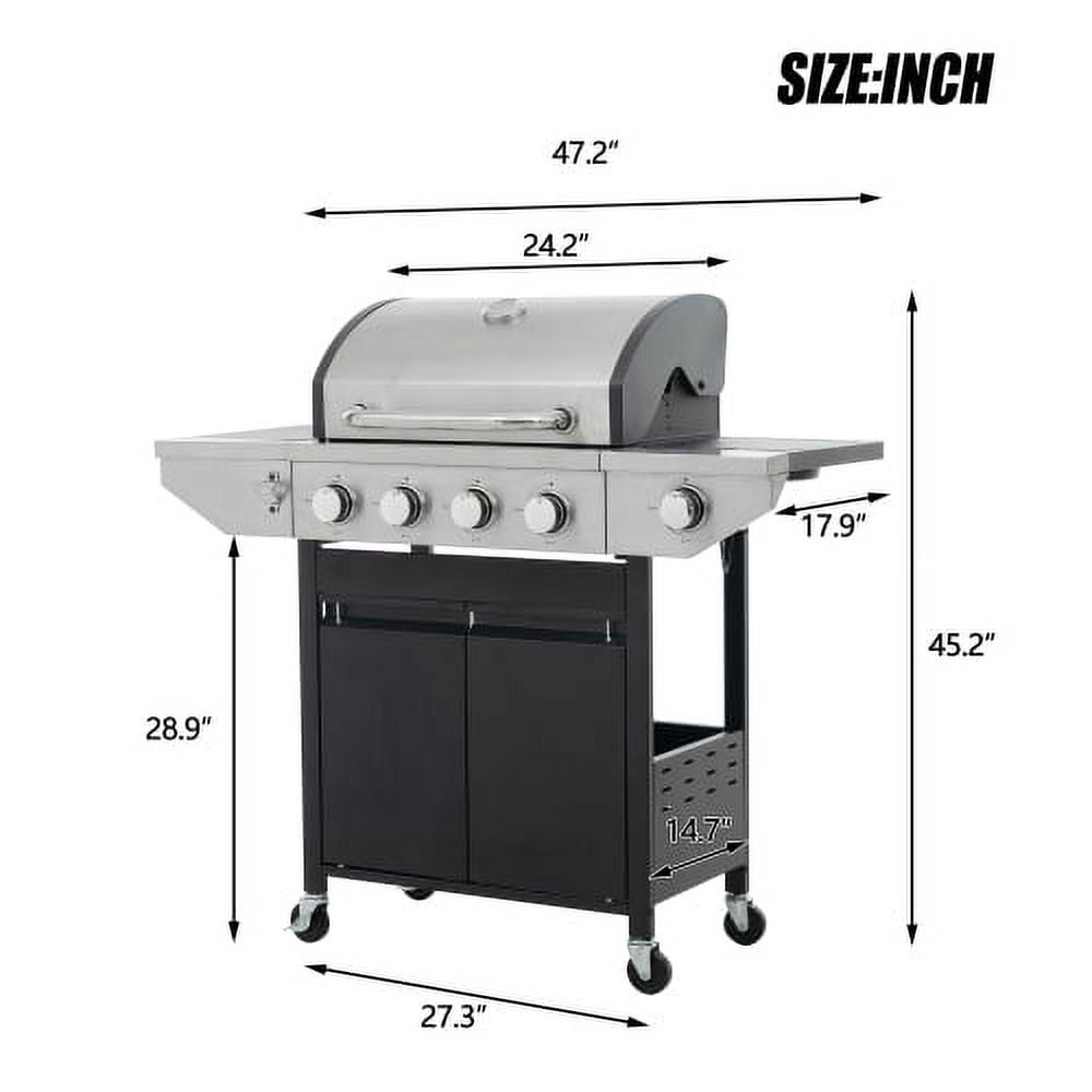 4-Burner Propane Grill with Side Sear Station, 46,700 BTU Stainless Steel BBQ, Cast Iron Grates & Rotisserie Kit for Backyard Cooking, Black and Silver
