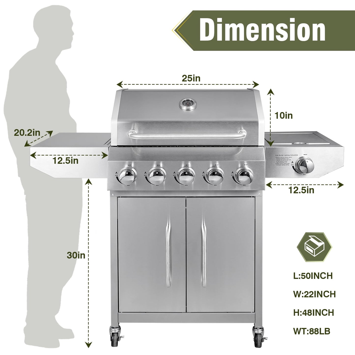 Bestfire 5 Burner Propane Gas Grill with Side Burner,Stainless Steel BBQ Grill & Porcelain-Enameled Cast Iron Grates,58,000 BTU Cabinet-Style Cart Design for Outdoor Backyard Cooking,Garden and Patio