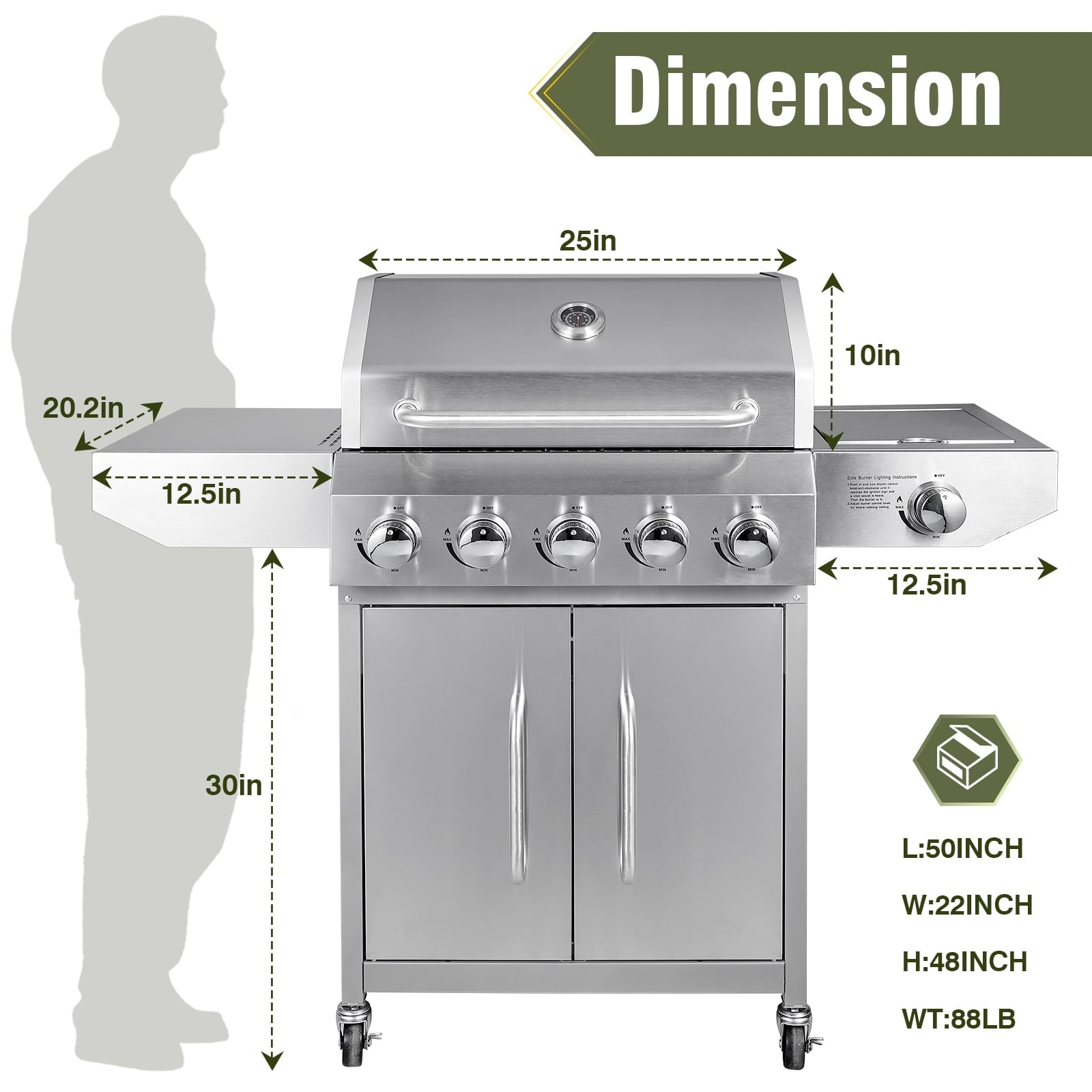Bestfire 5 Burner Propane Gas Grill with Side Burner,Stainless Steel BBQ Grill & Porcelain-Enameled Cast Iron Grates,58,000 BTU Cabinet-Style Cart Design for Outdoor Backyard Cooking,Garden and Patio