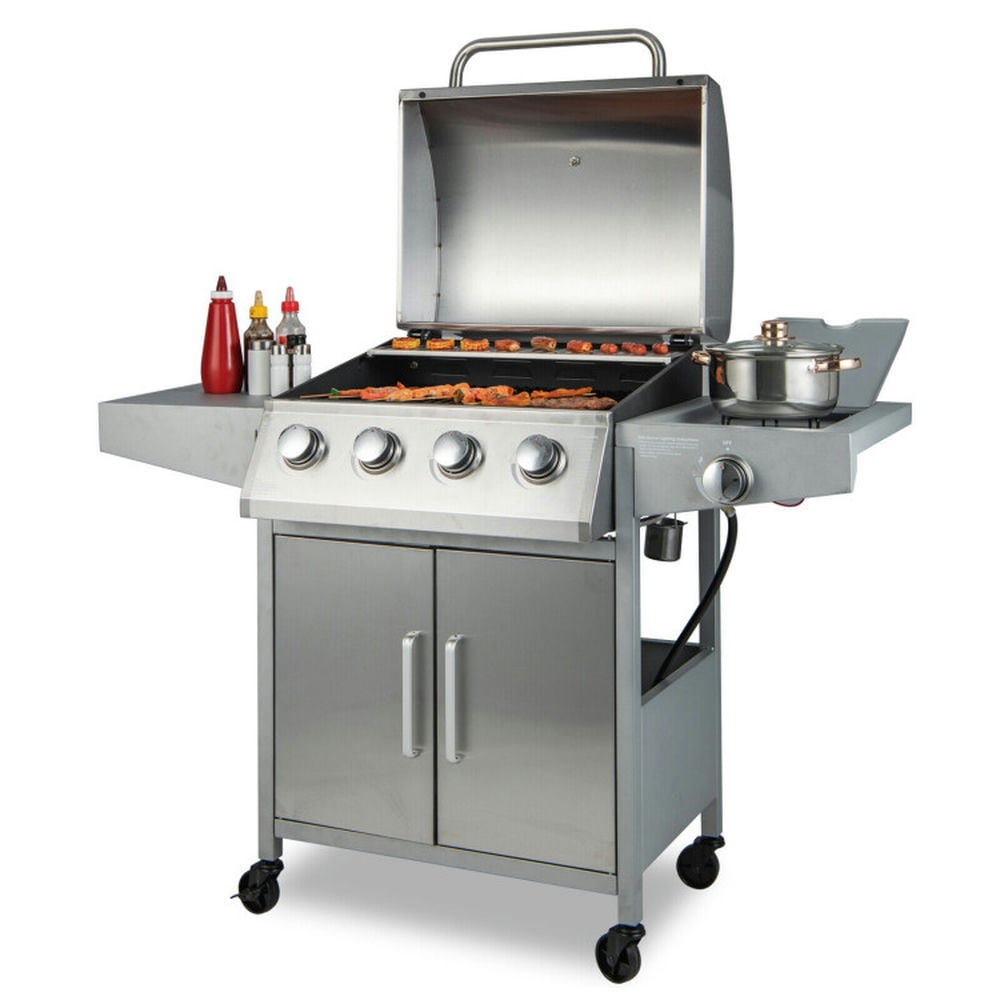 Kepooman Outdoor Grill, Outdoor BBQ Grill,50000BTU 5-Burner Propane Gas Grill with Side Burner and 2 Prep Tables-Silver