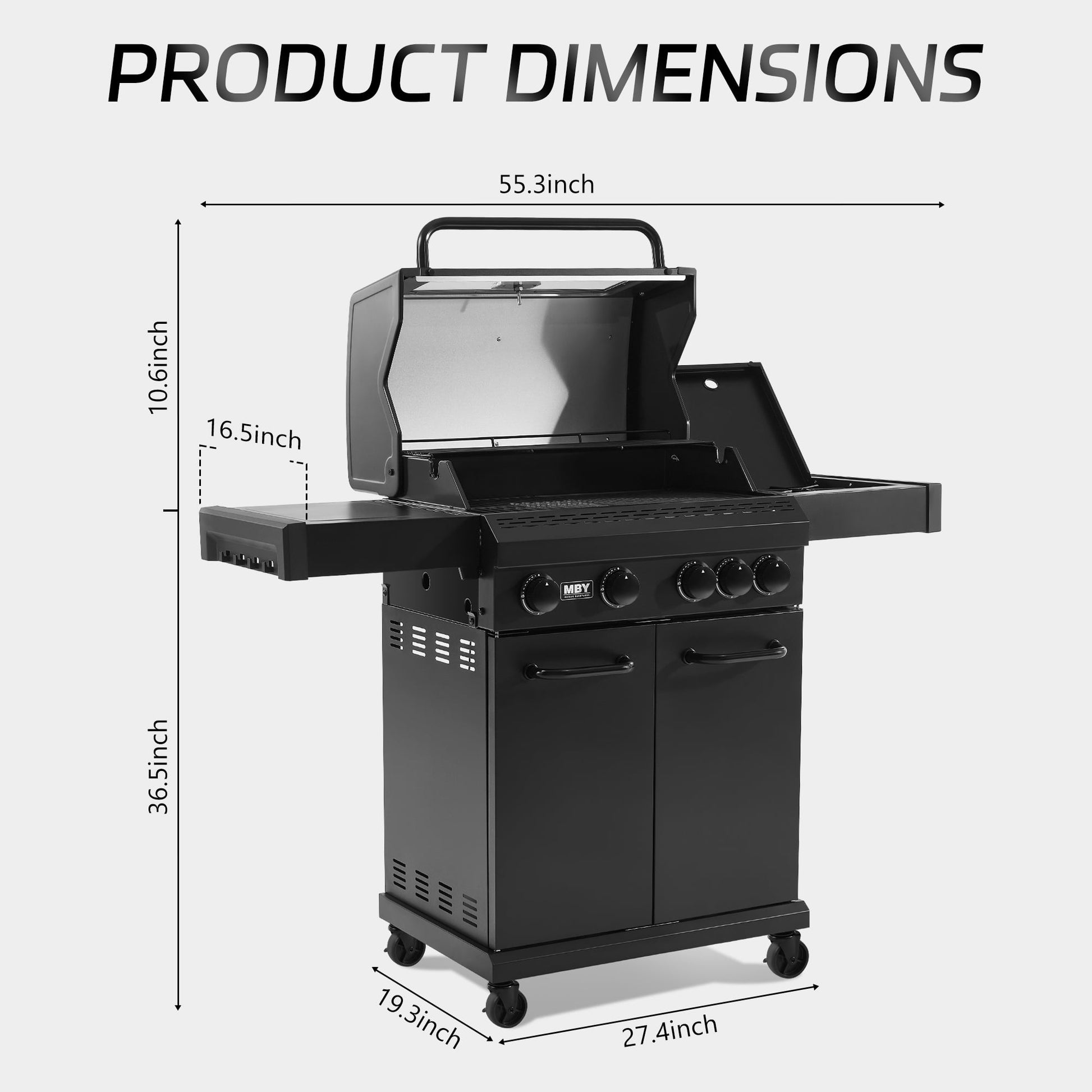 MBY 4-Burner Propane Gas Grill with Side Burner, 50,000 BTU Outdoor BBQ Grill with Cast Iron Grates and Griddle, Heavy Duty for Backyard Cooking