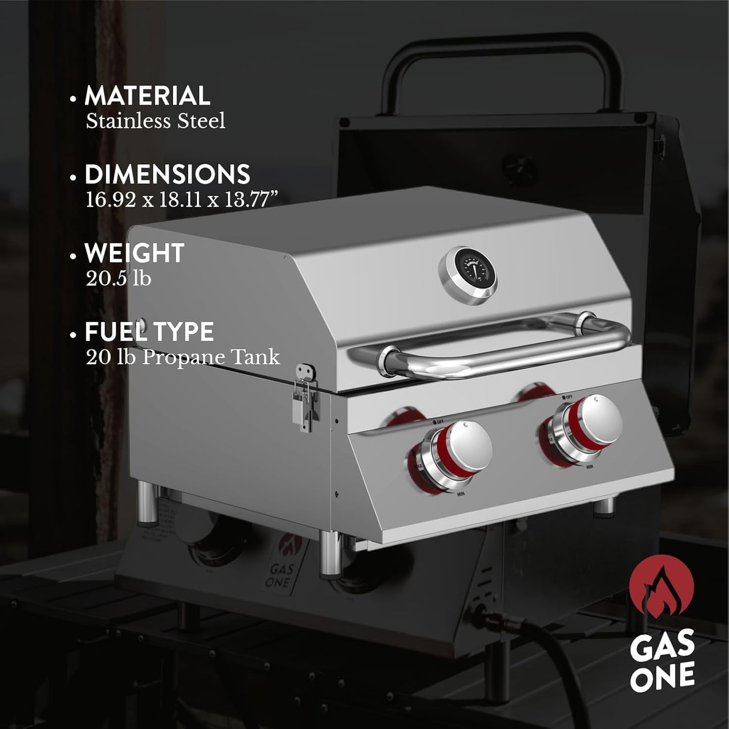 GasOne Portable Propane Grill – 16-inch Stainless Steel Tabletop Grill – Tabletop Gas Grill