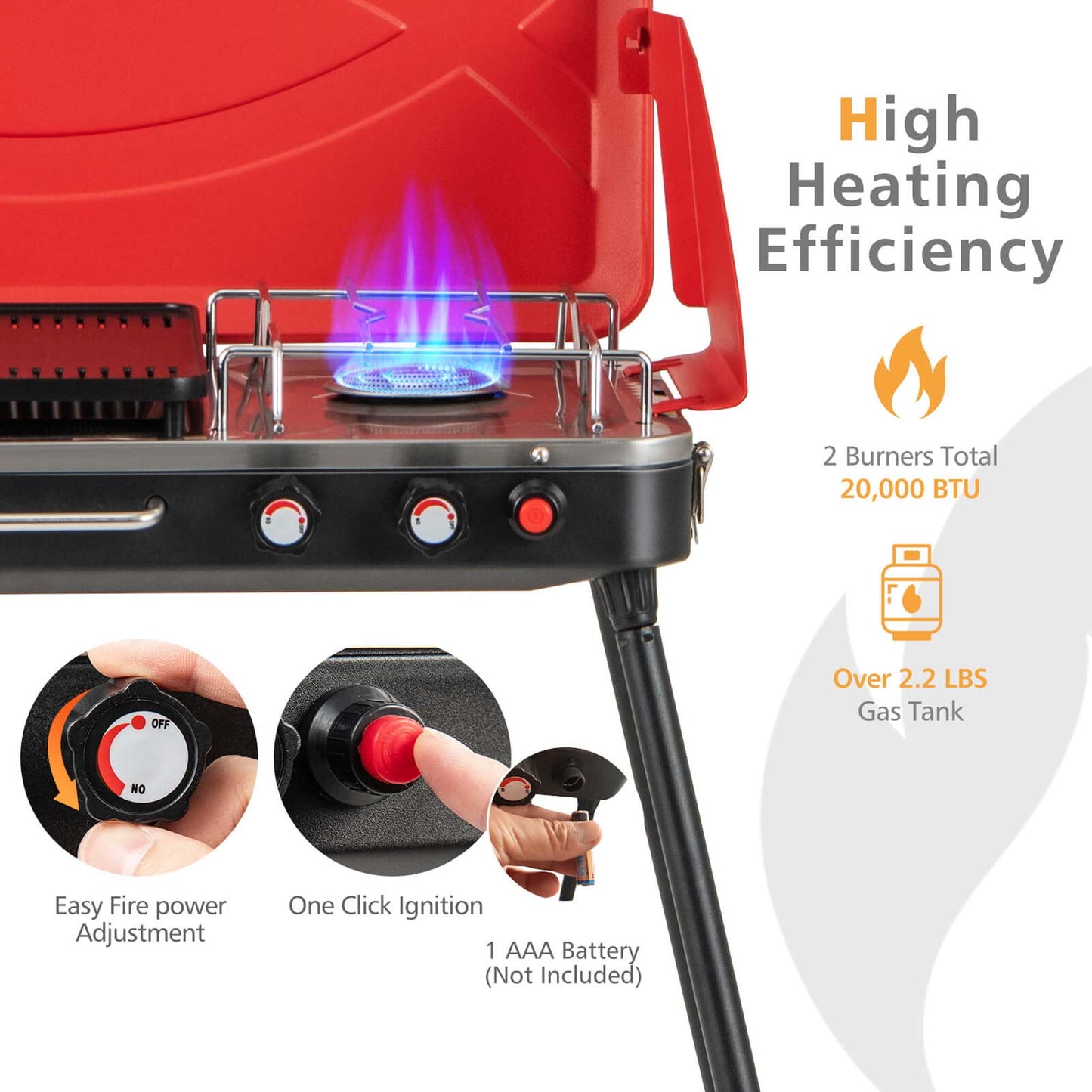 Costway 2-in-1 Propane Grill 2 Burner Camping Gas Stove Portable with Removable Leg Red