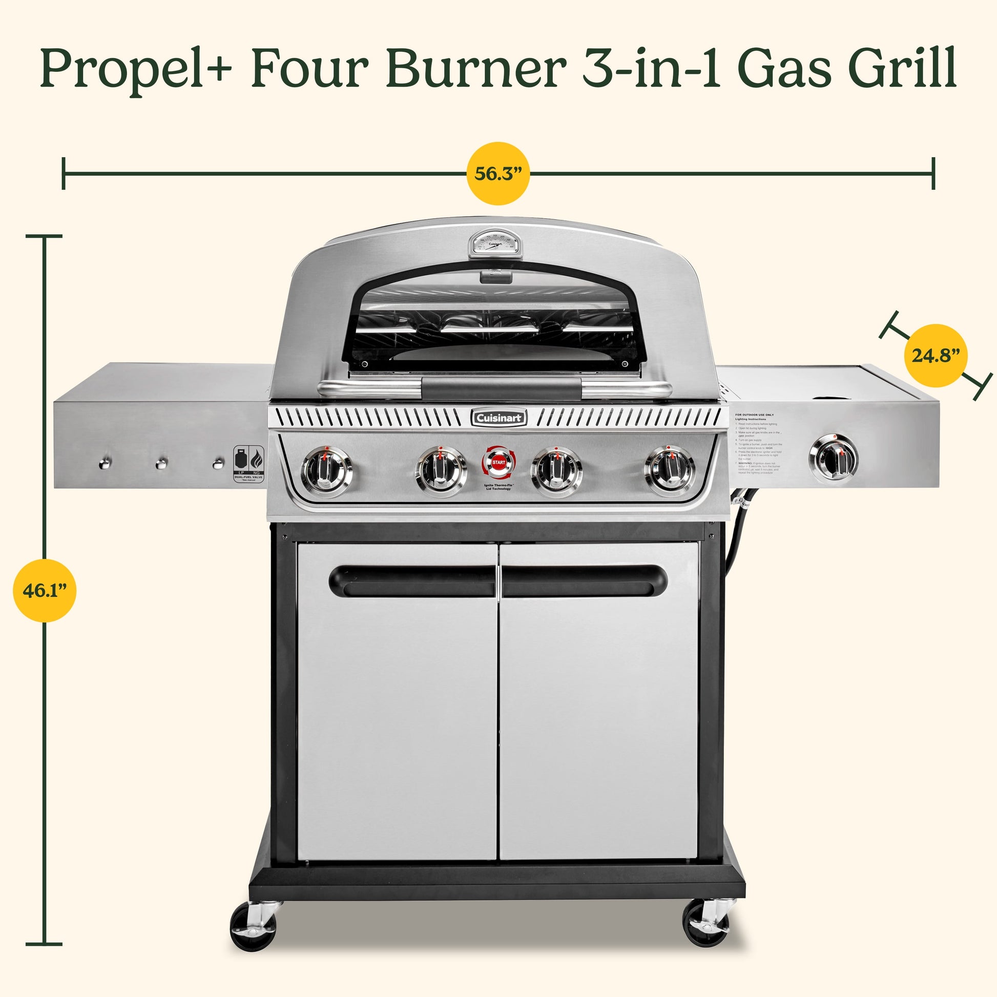 Cuisinart Propel+ 4-Burner 3-in-1 Gas Grill, Stainless Steel Versatile Grill, Griddle & Pizza Oven with Pizza Stone
