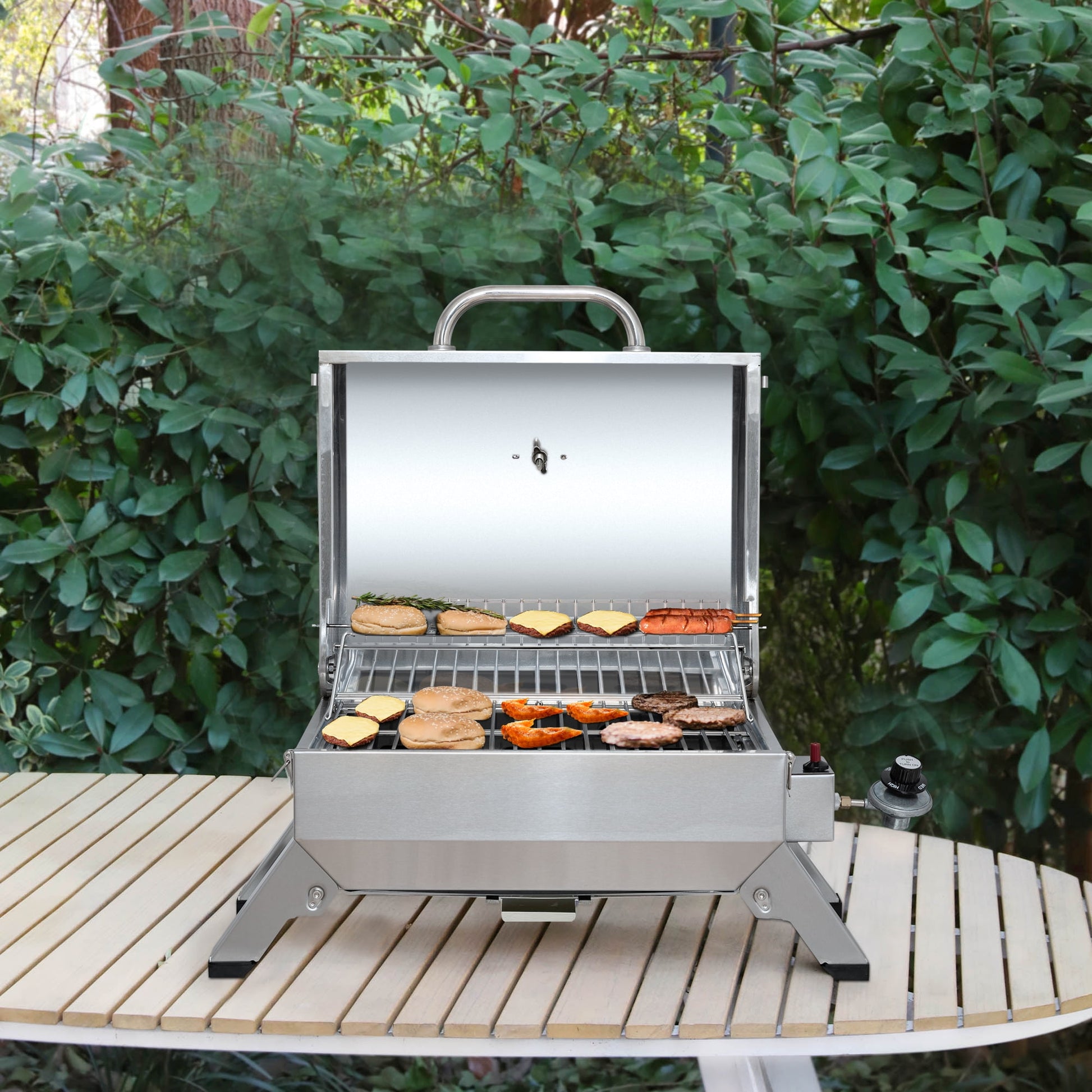 Royal Gourmet GT1001 Stainless Steel Portable Gas Grill, Tabletop Grill with Folding Legs and Lockable Lid, Outdoor Camping, Deck and Tailgating, Silver