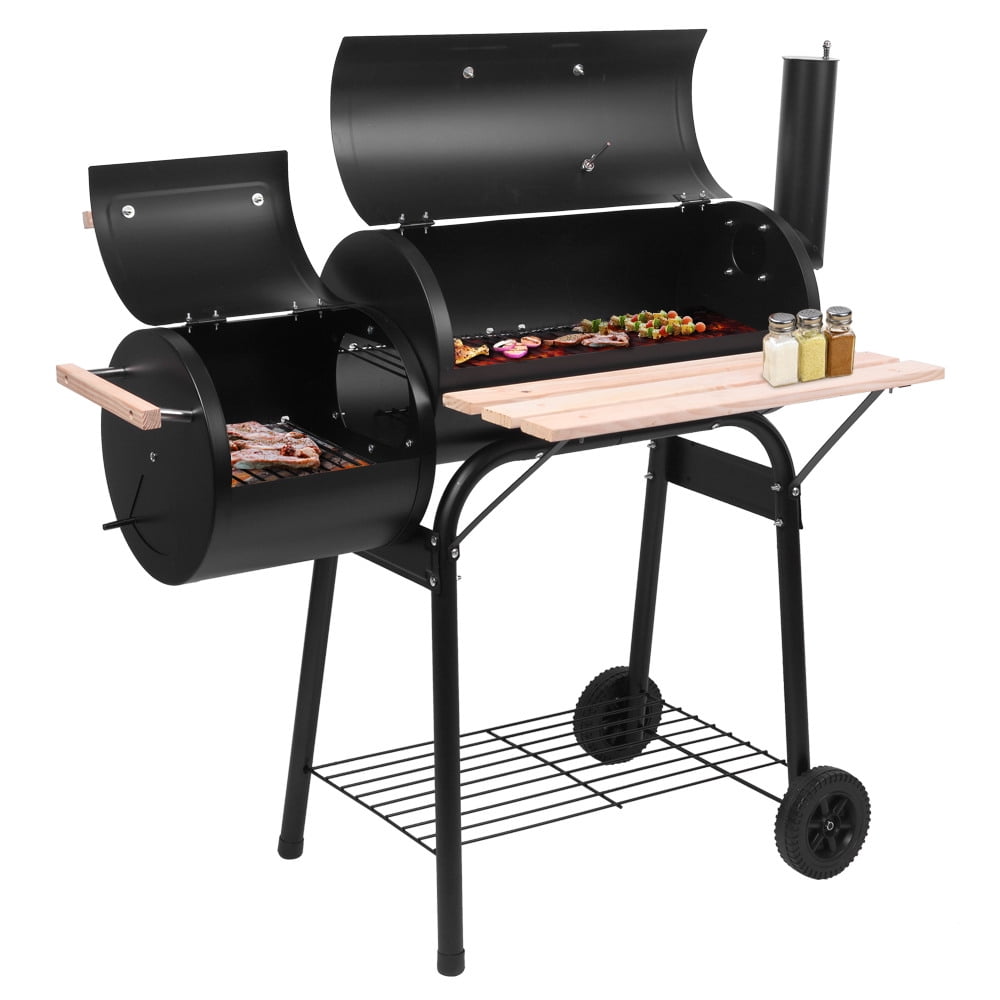 Outdoor Gas Grill, Modern Multi-Function Charcoal Barbecue Pit with Seasoning Rack and Plastic Wheels, Meat BBQ Cooker for Patio, Backyard, Garden, Camping, Party, Black