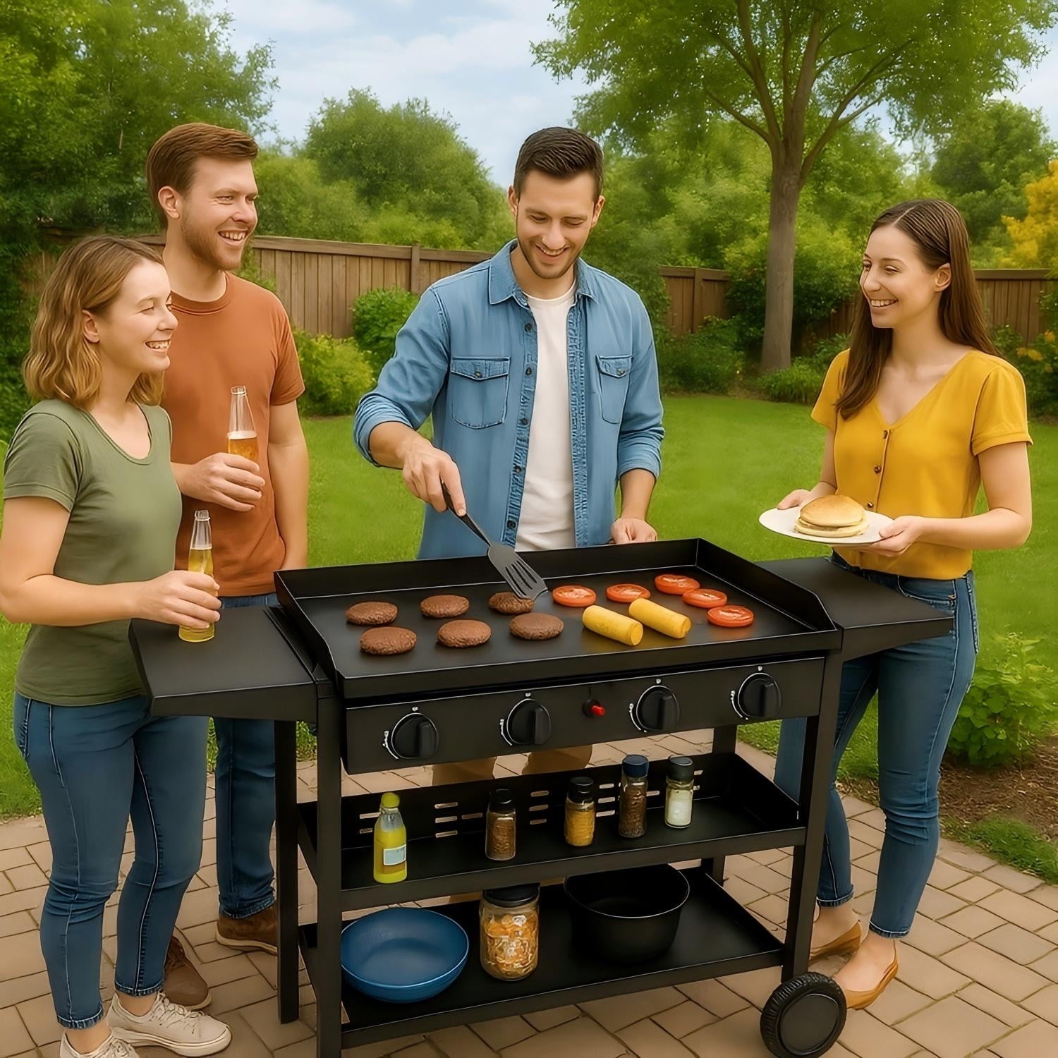 SUGIFT 4-Burner Propane Gas Griddle Flat Top Grill with Side Shelf for Outdoor BBQ & Camping