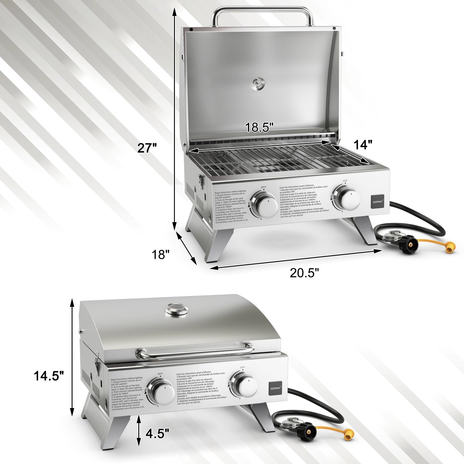 Costway 20,000 BTU Stainless Steel Propane Grill for Outdoor Camping Picnics Tailgating Sliver