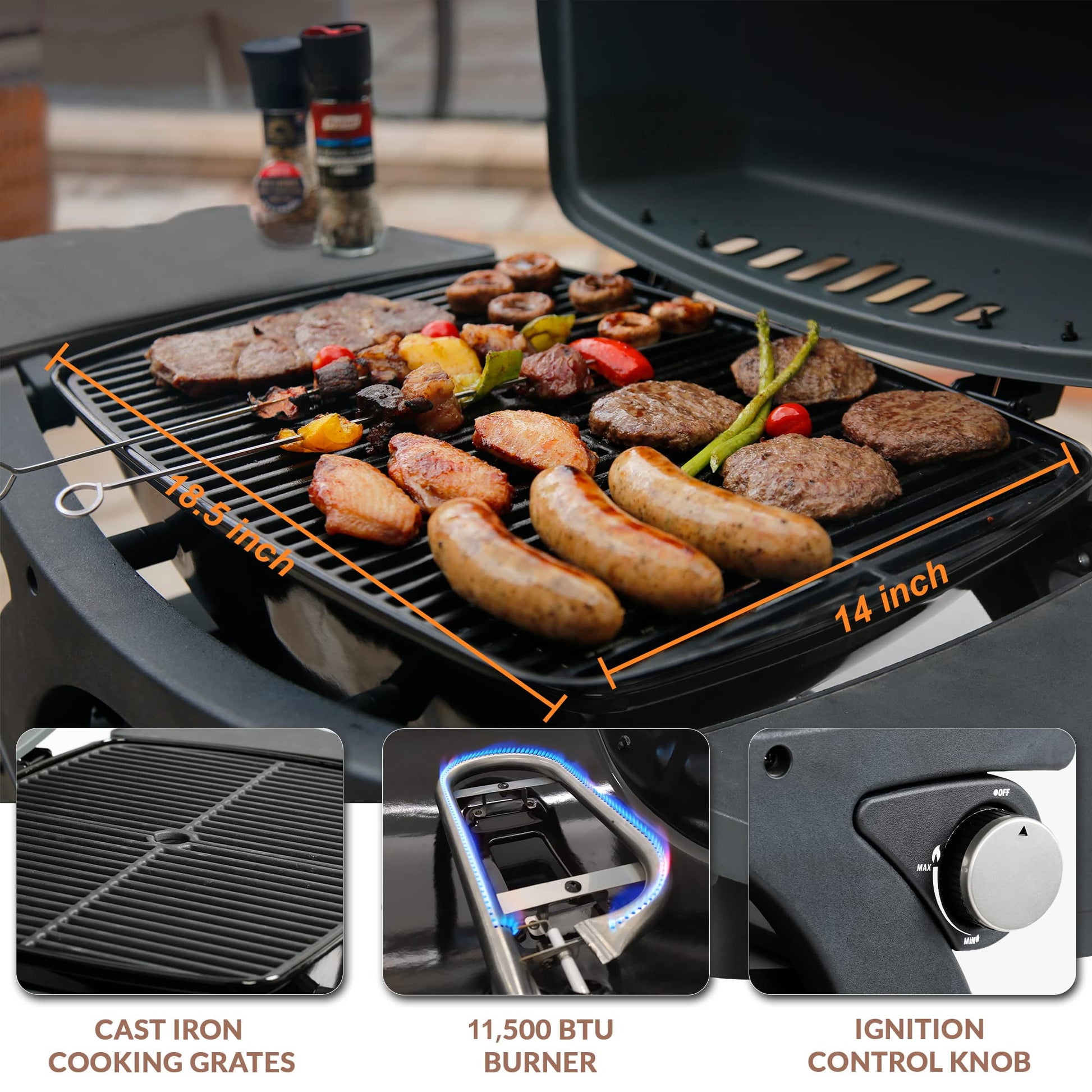 MASTER COOK Propane Gas Grill, Portable Tabletop Barbecue Grill with Cart for Patio, Camping, Travel