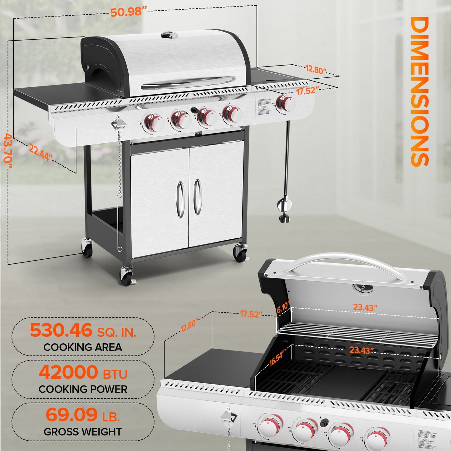 4-Burner Propane Gas Grill with Side Burner, Portable Stainless Steel BBQ Outdoor Cooker, 42,000 BTU, Electactic