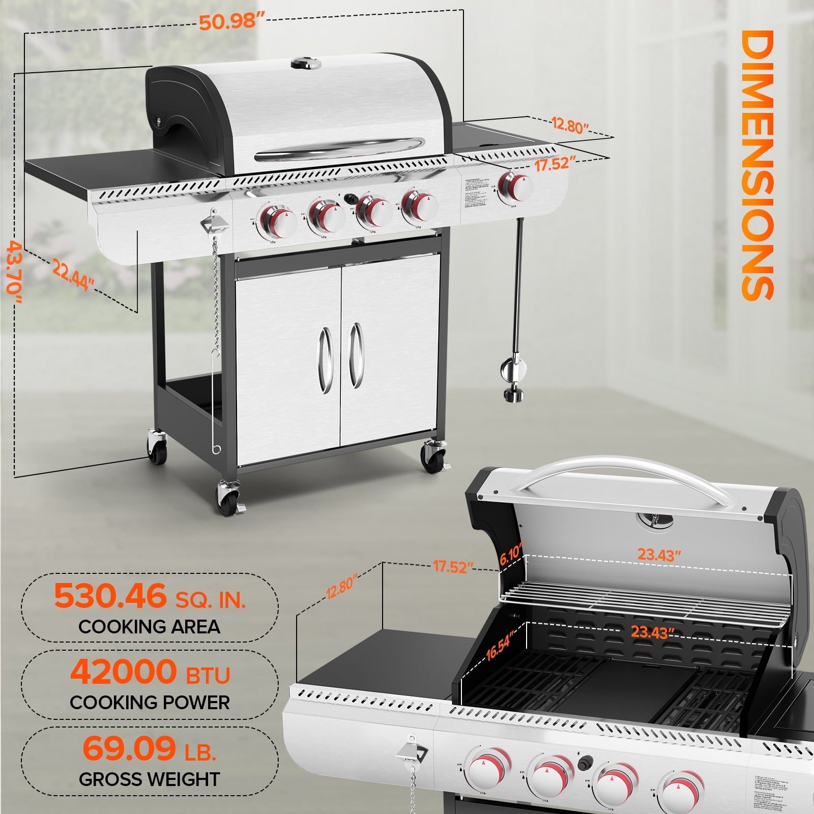 4-Burner Propane Gas Grill with Side Burner, Portable Stainless Steel BBQ Outdoor Cooker, 42,000 BTU, Electactic