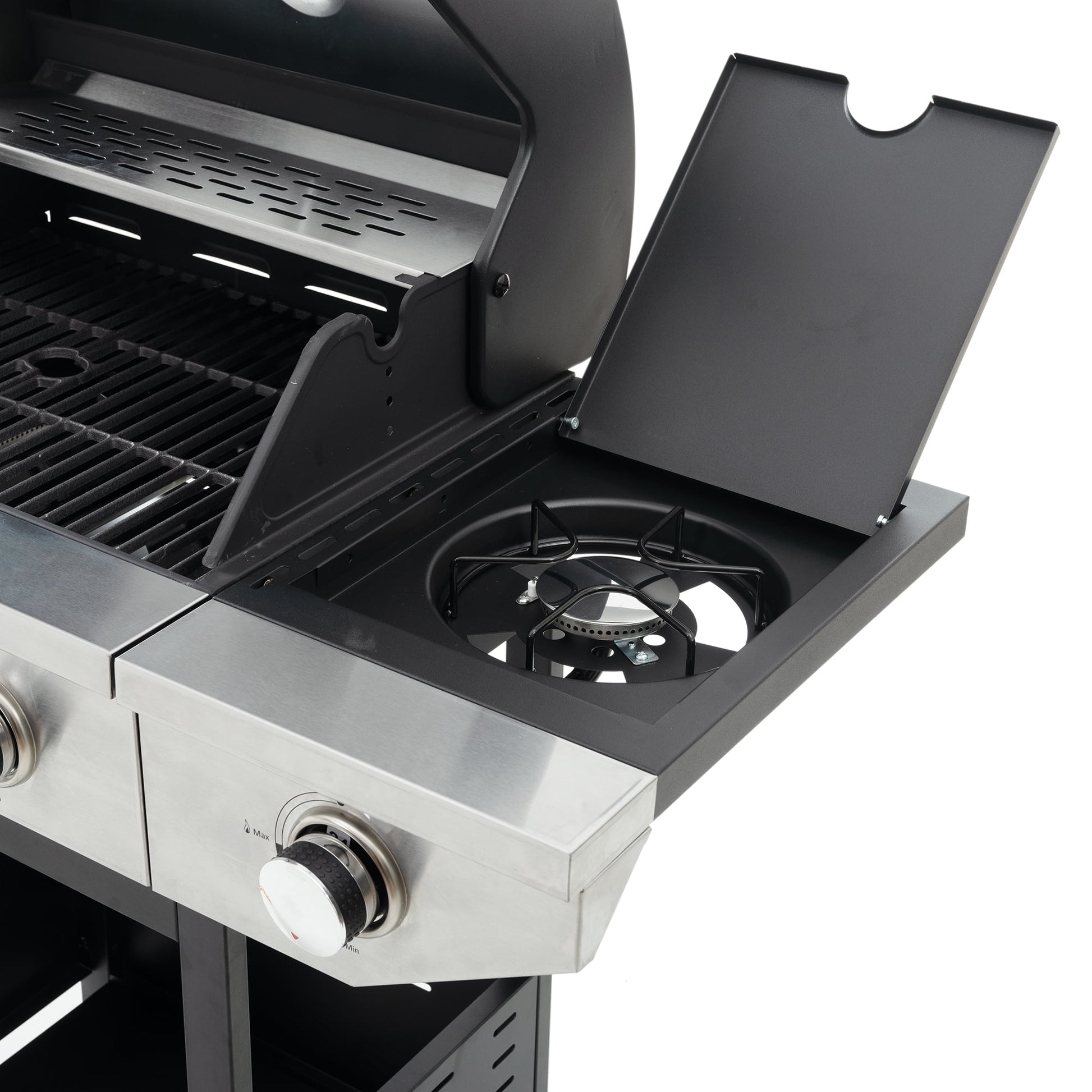 Propane Grill 3 Burner Stainless Steel BBQ Gas Grill with Side Burner, Thermometer, and Even Heating Cast Iron Grates for Outdoor BBQ and Camping