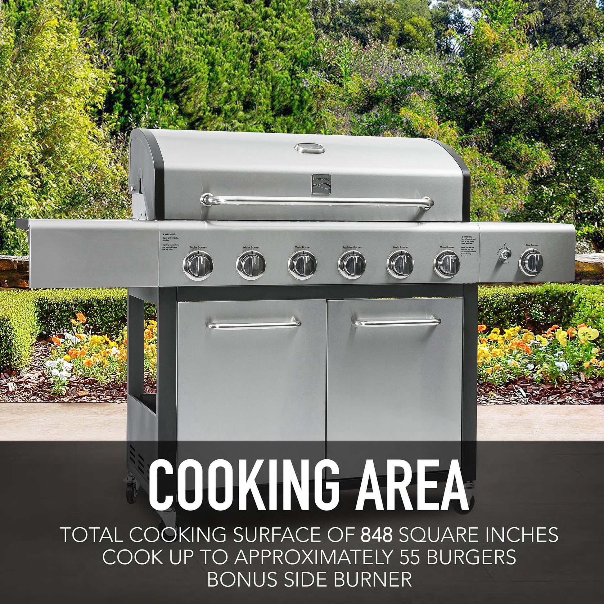 Kenmore 6-Burner Propane Gas Grill with Side Burner, PG-40611S0L, Stainless Steel with Black Trim