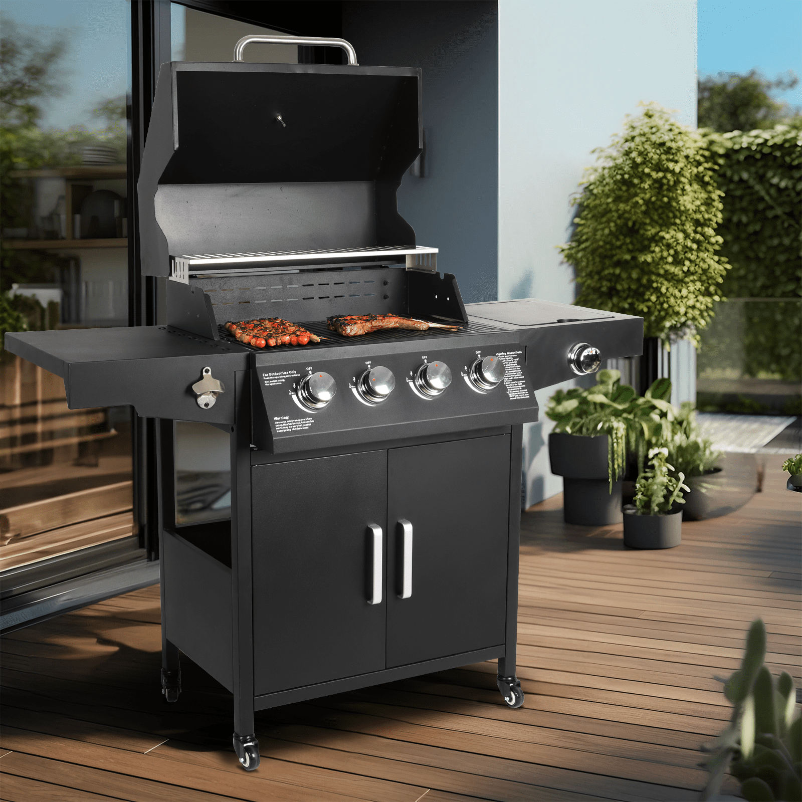 Betisef 4-Burner Propane Gas Grill with Side Burner and Side Table Outdoor Cooking Barbecue Grill Camping