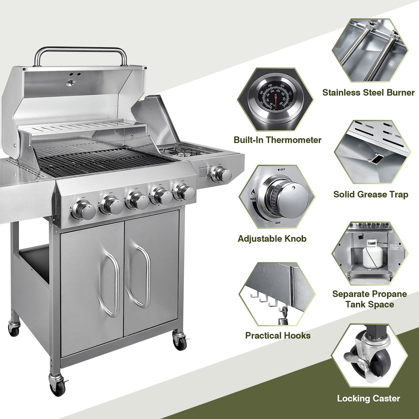 Bestfire 5 Burner Propane Gas Grill with Side Burner,Stainless Steel BBQ Grill & Porcelain-Enameled Cast Iron Grates,58,000 BTU Cabinet-Style Cart Design for Outdoor Backyard Cooking,Garden and Patio