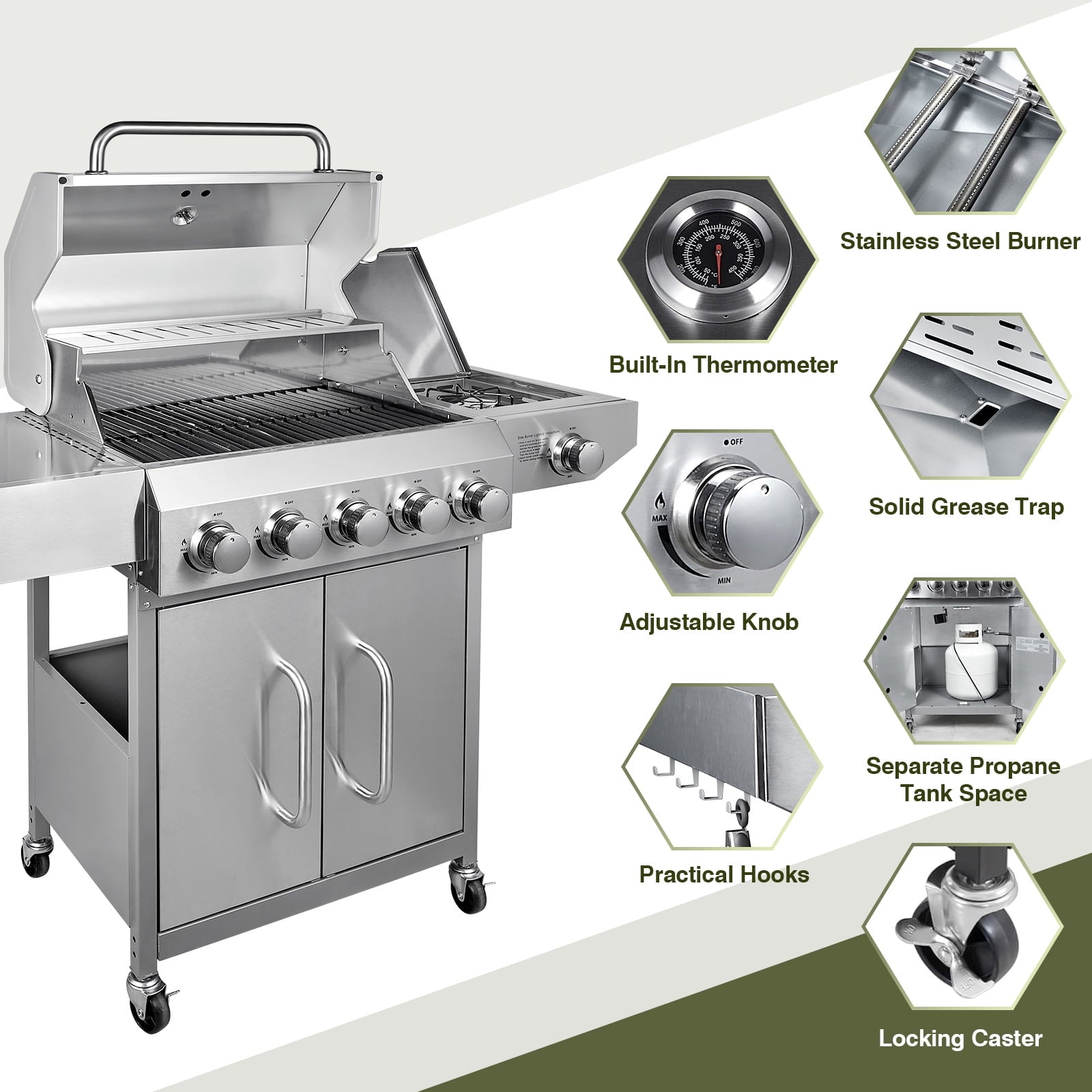 Bestfire 5 Burner Propane Gas Grill with Side Burner,Stainless Steel BBQ Grill & Porcelain-Enameled Cast Iron Grates,58,000 BTU Cabinet-Style Cart Design for Outdoor Backyard Cooking,Garden and Patio
