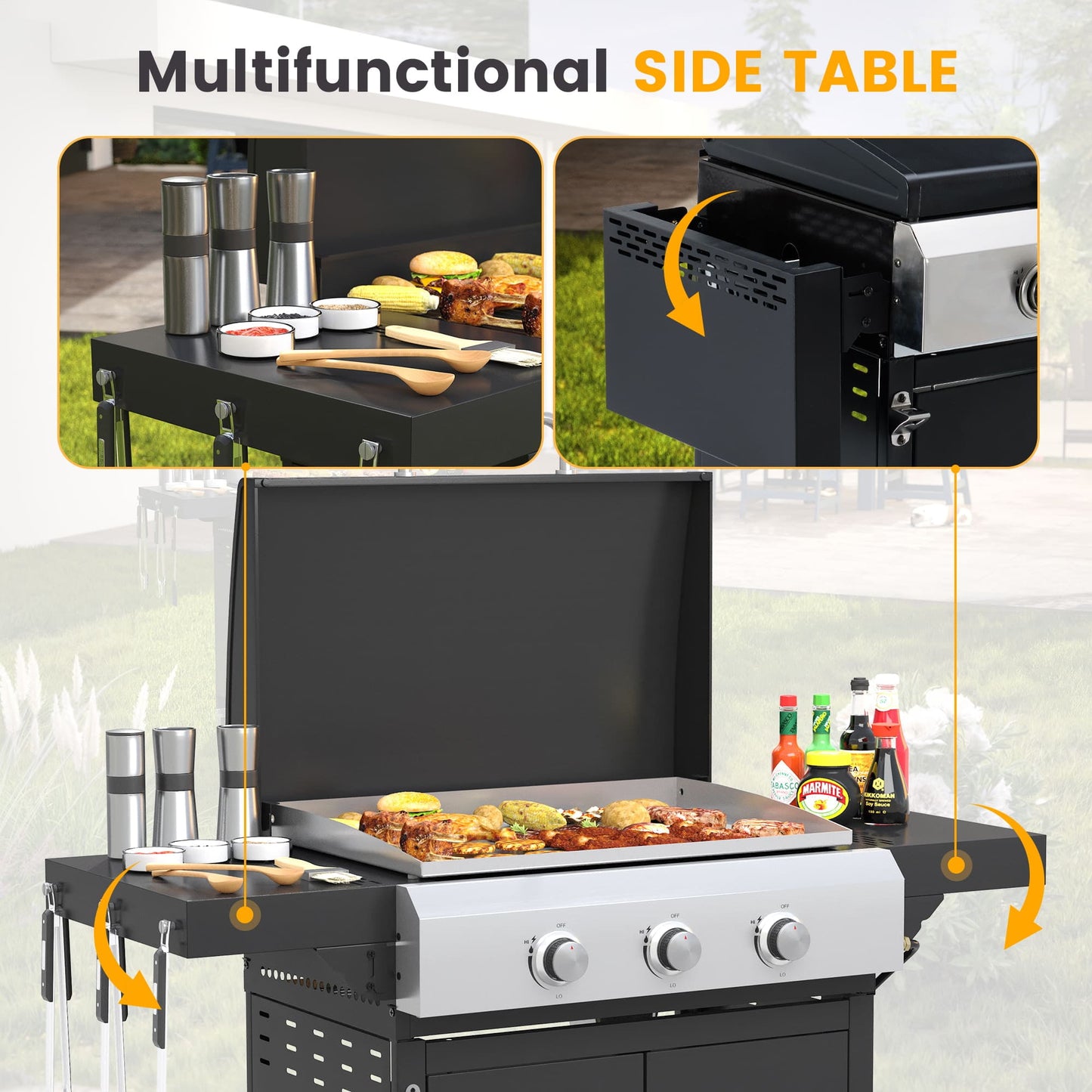 Vicllax 2 in 1 Propane Gas Grill and Griddle Combo 3-Burner with Folding Side Table Stainless Steel