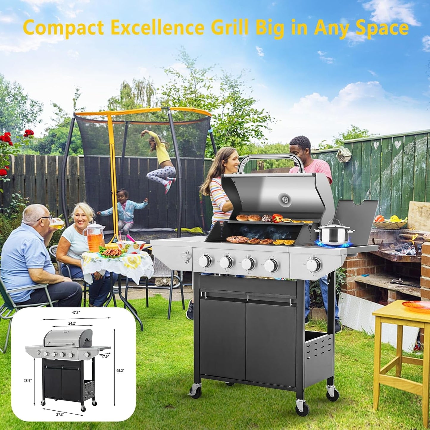 HighSound 4-Burner Propane Gas Grill with Side Burner, 46700 BTU Porcelain-Enameled Cast Iron Grates Outdoor Cooking Stainless Steel BBQ Grills Cabinet, Black