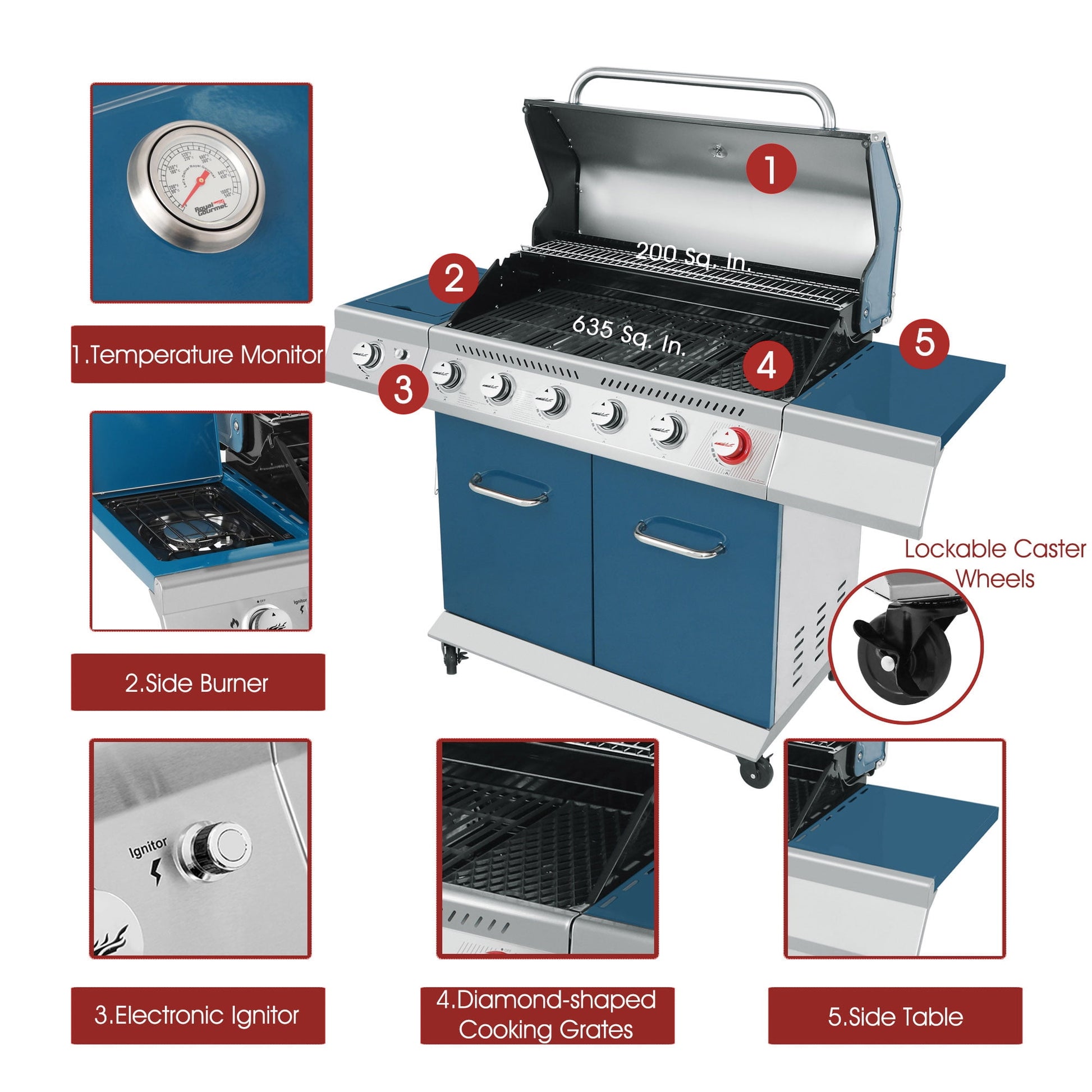 Royal Gourmet GA6402B 6-Burner BBQ Gas Grill with Sear Burner and Side Burner, 74,000 BTU