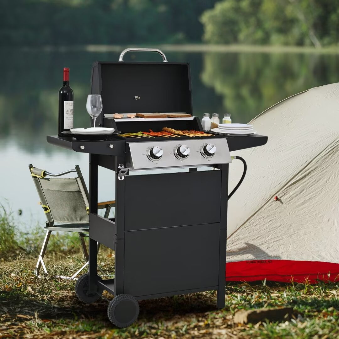 Leuco 3 Burner BBQ Propane Gas Grill, Stainless Steel 25,650 BTU Patio Garden Barbecue Grill with Two Shelves, Lid, Wheels and Bottle Opener